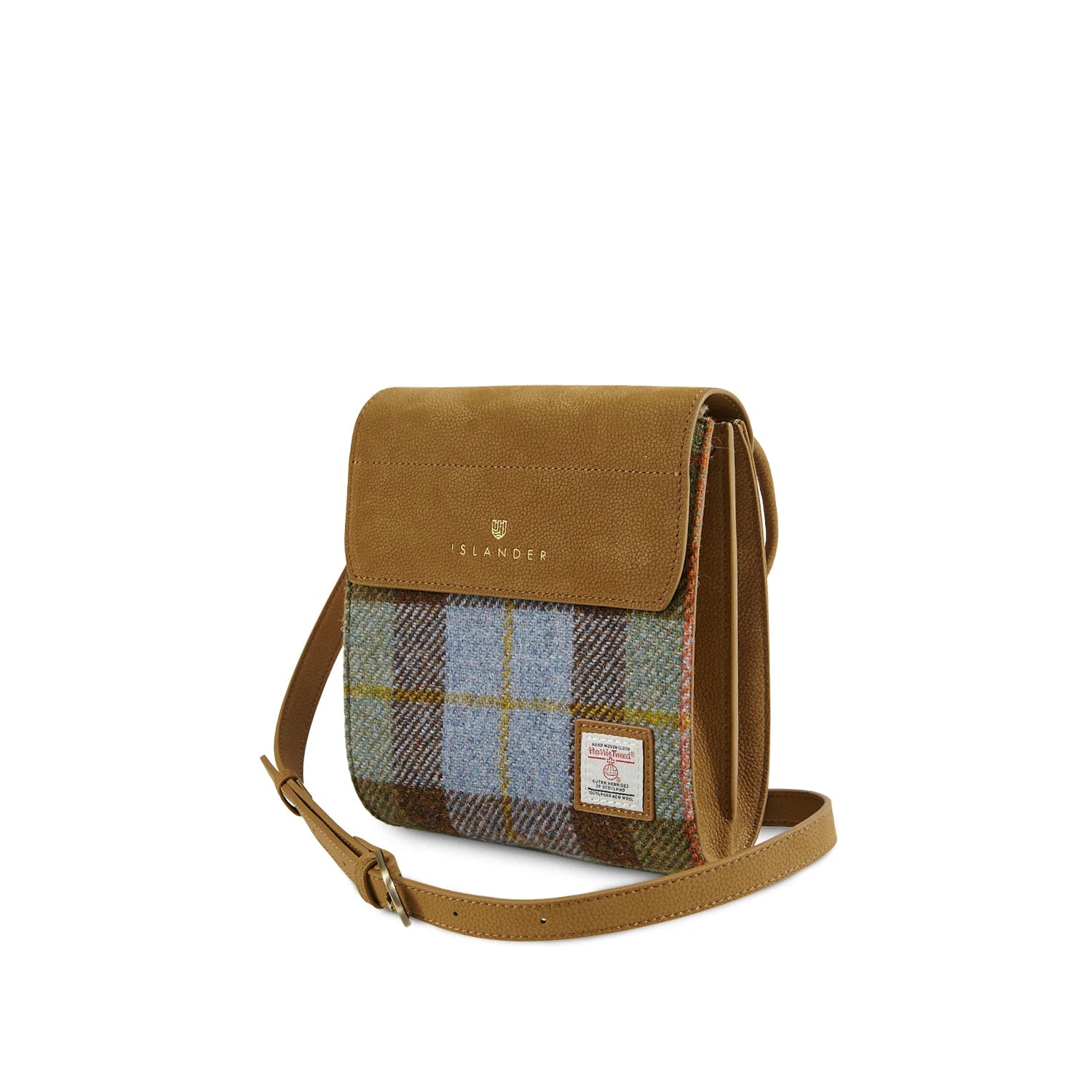 Eilidh Brown Leather Crossbody Bag with Harris Tweed Blue & Brown Tartan Fabric | Harris Tweed Scotland