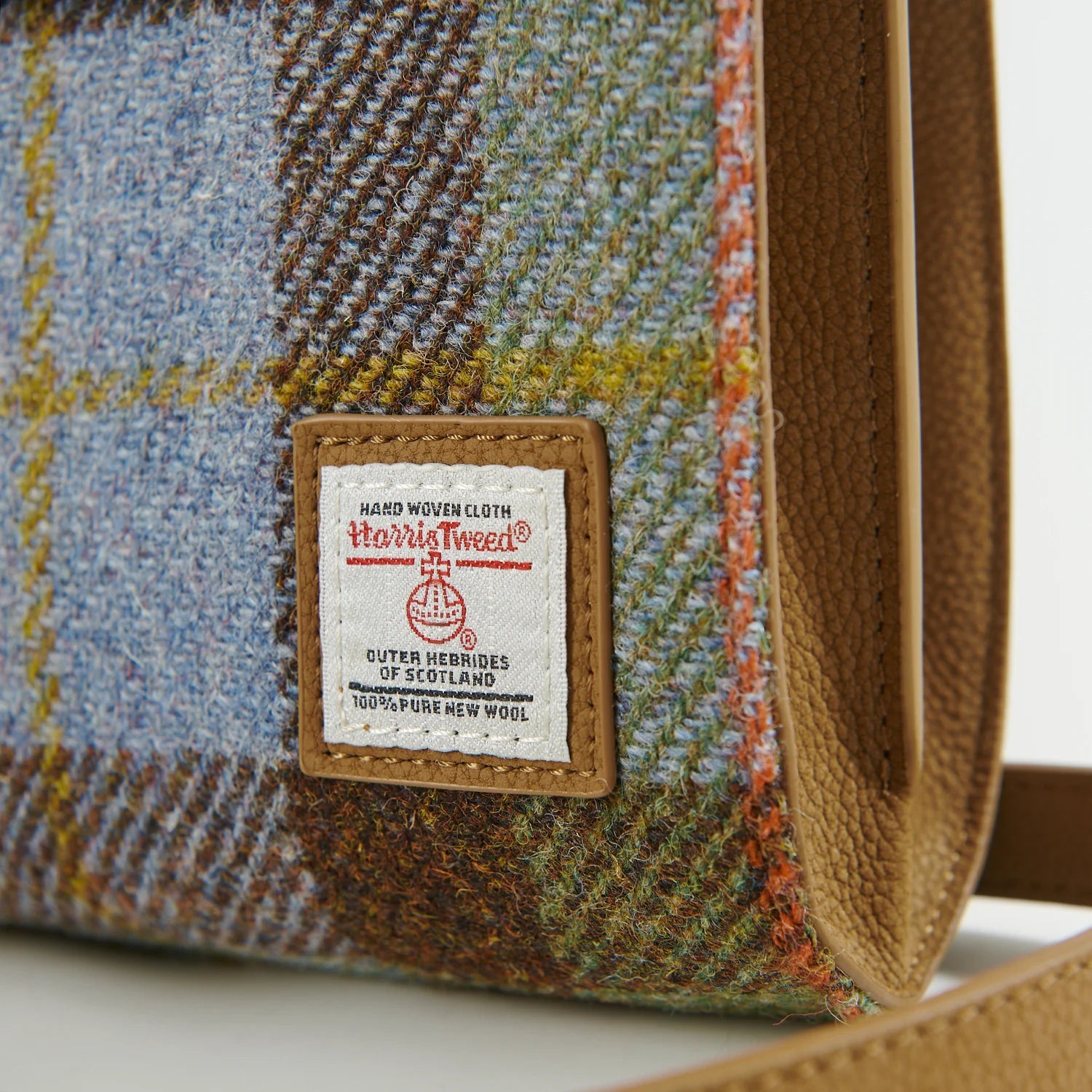 Islander The Eilidh Leather Crossbody Bag with Chestnut Blue Tartan Harris Tweed