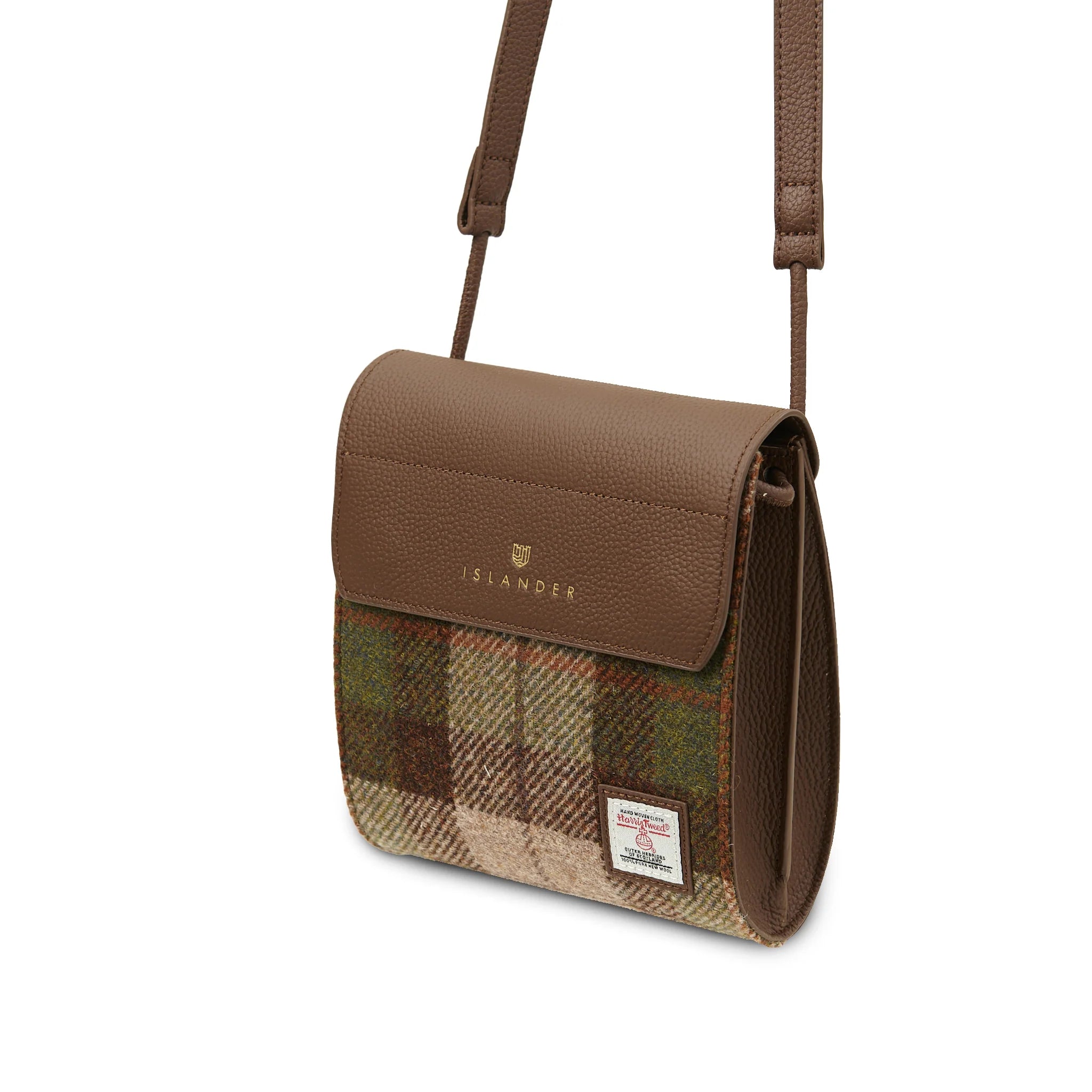 Eilidh Brown Leather Crossbody Bag with Harris Tweed Brown & Green Tartan Fabric | Harris Tweed Scotland