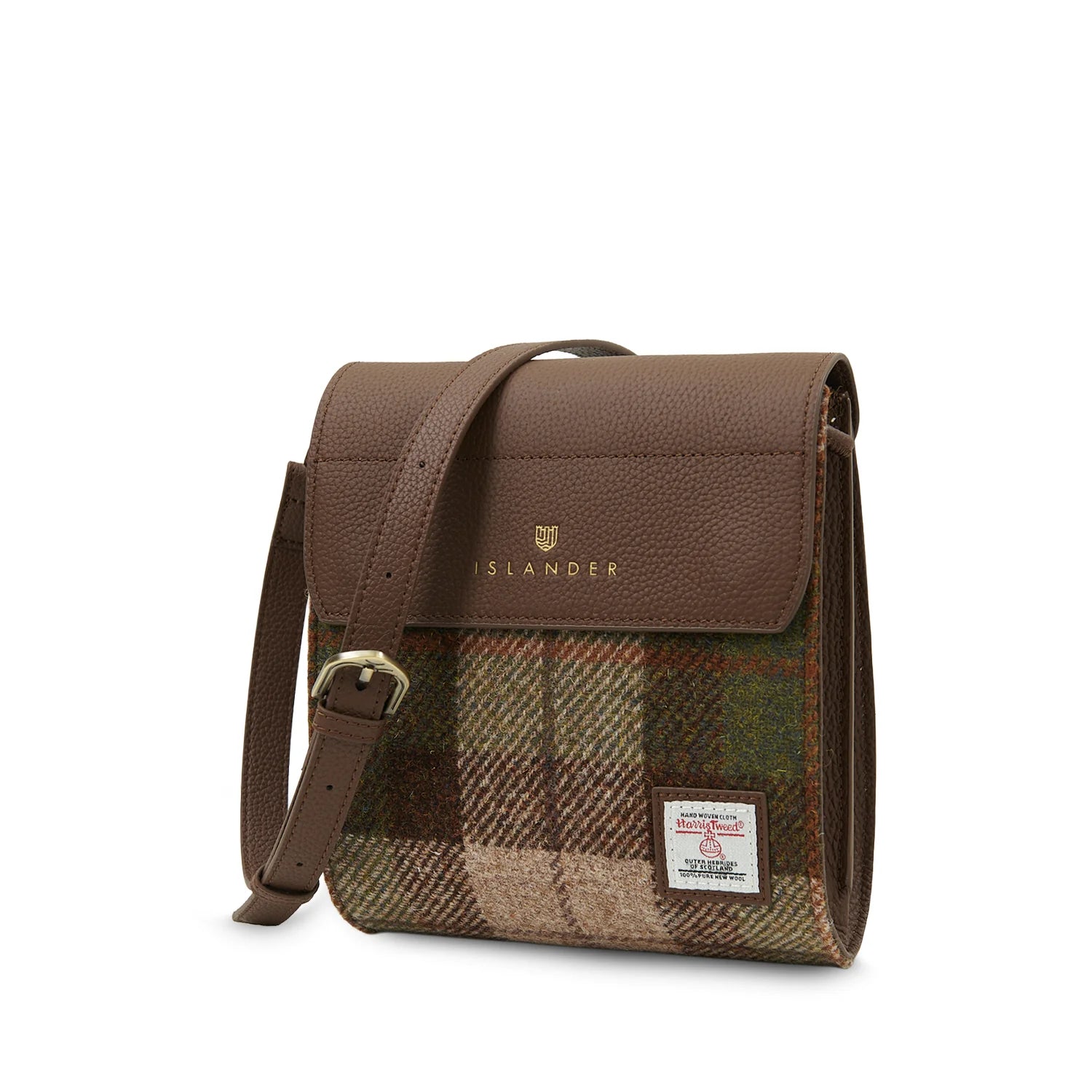 Eilidh Brown Leather Crossbody Bag with Harris Tweed Brown & Green Tartan Fabric – Image 6 | Harris Tweed Scotland