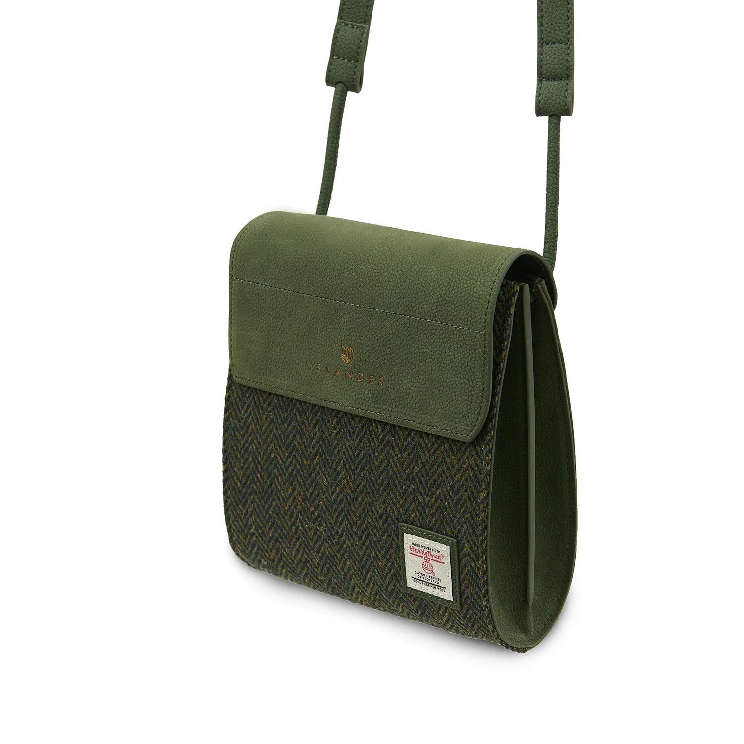 Islander The Eilidh Leather Crossbody Bag with Dark Green Herringbone Harris Tweed