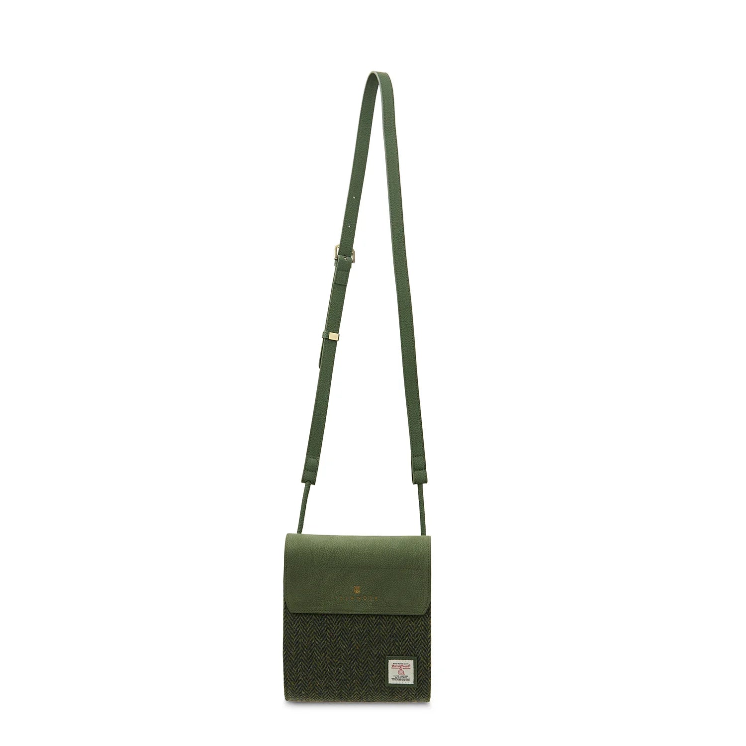 Islander The Eilidh Leather Crossbody Bag with Dark Green Herringbone Harris Tweed