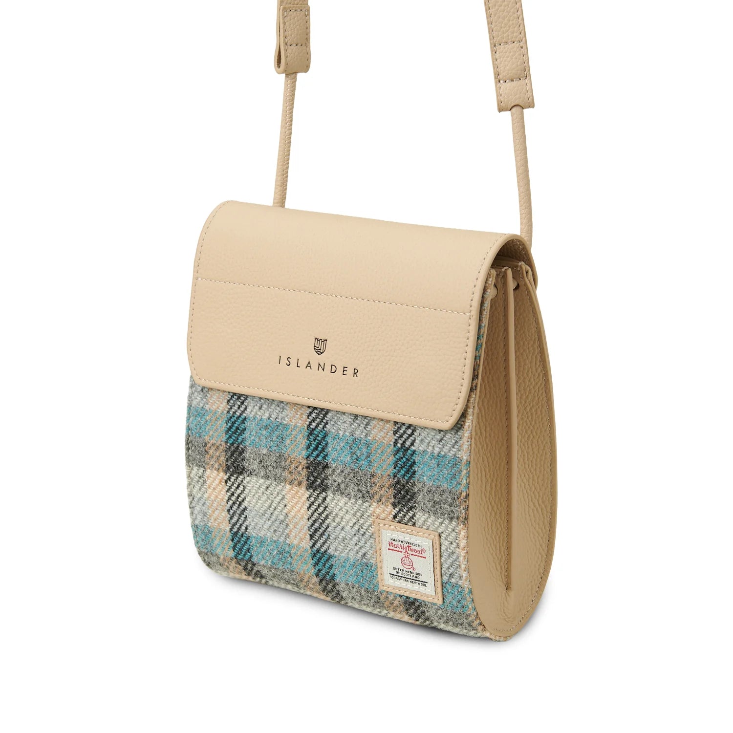 Eilidh Beige Leather Crossbody Bag with Harris Tweed Blue & Beige Tartan Fabric – Image 3 | Harris Tweed Scotland