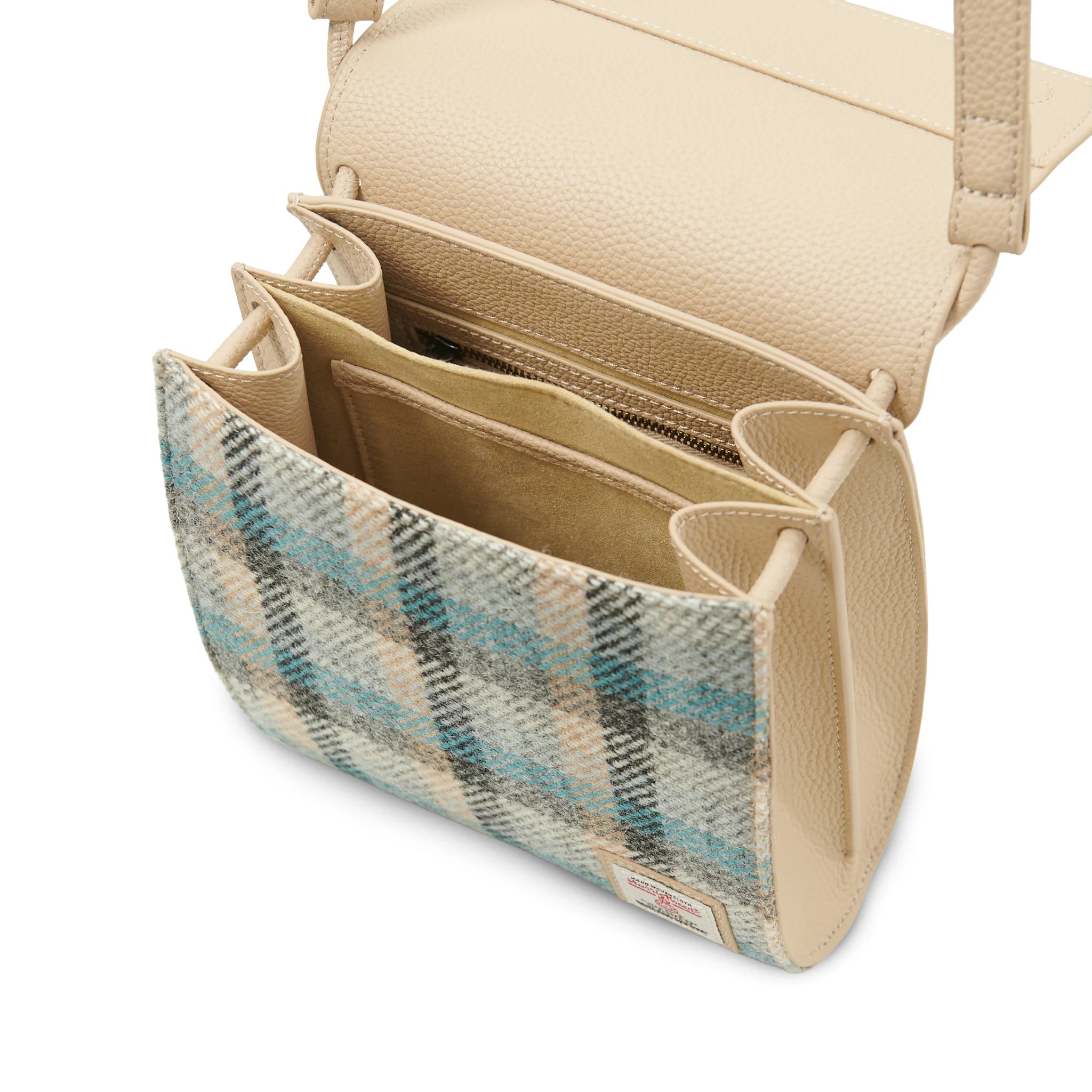 Eilidh Beige Leather Crossbody Bag with Harris Tweed Blue & Beige Tartan Fabric – Image 5 | Harris Tweed Scotland