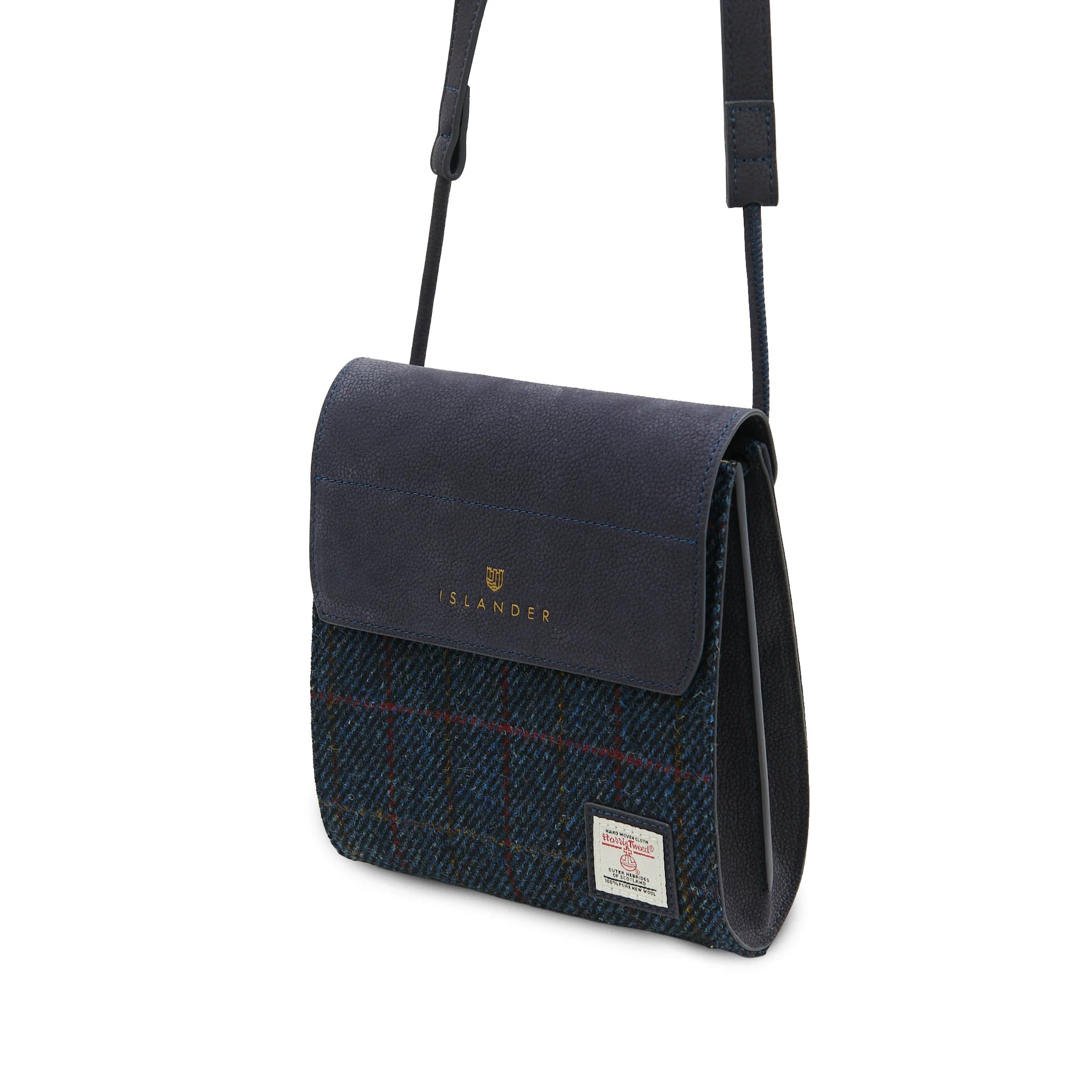 Islander The Eilidh Leather Crossbody Bag with Navy Over-Check Harris Tweed