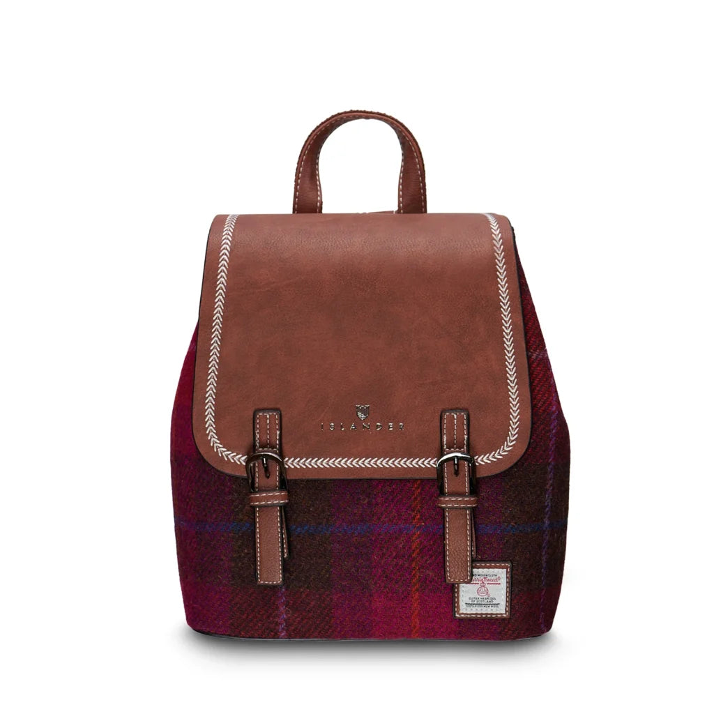 Islander Jura Backpack with Harris Tweed Purple & Burgundy Tartan Fabric | Harris Tweed Scotland