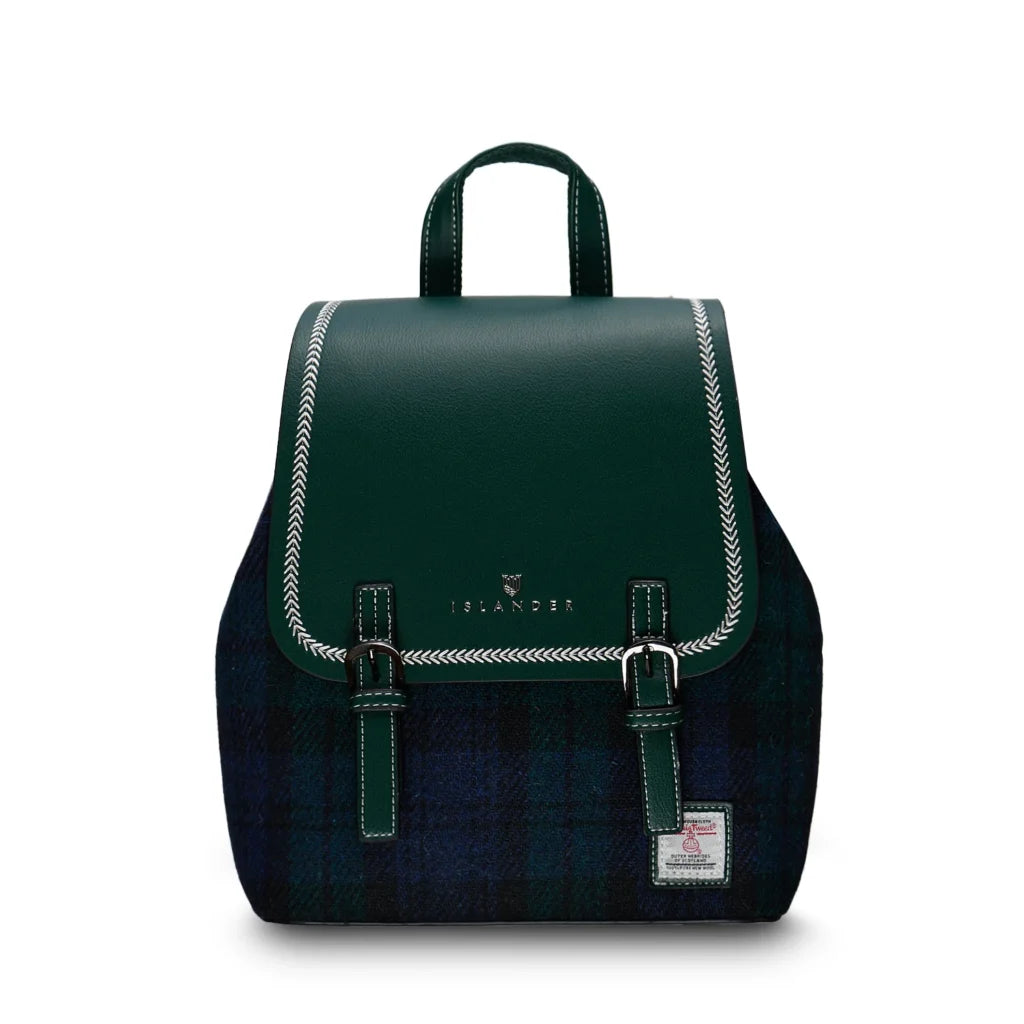Islander Mini Jura Backpack with Harris Tweed Black Watch Fabric & Green PU Leather | Harris Tweed Scotland