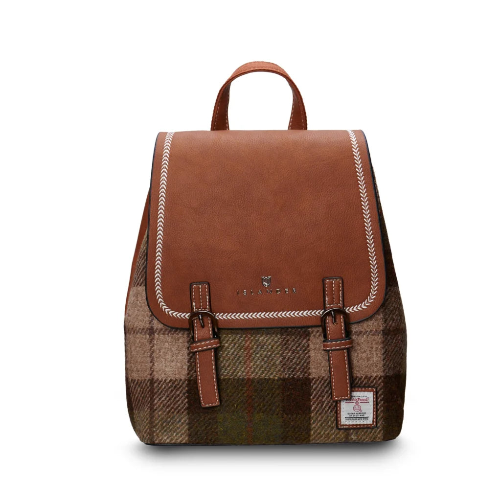Islander Jura Backpack with Harris Tweed Chestnut Brown, Green & Beige Tartan | Harris Tweed Scotland