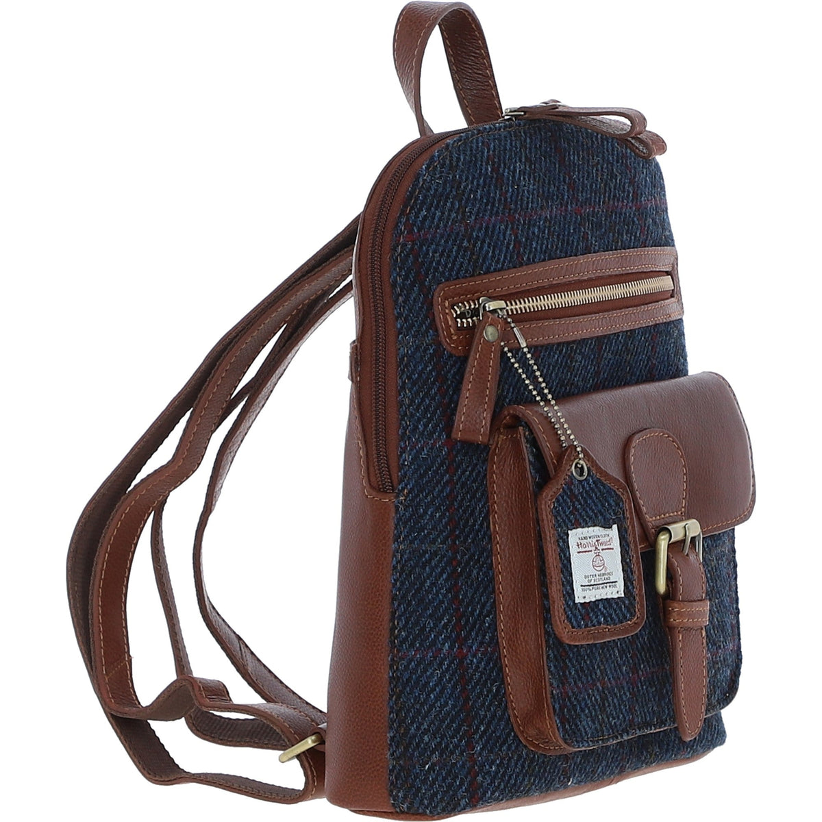 Genuine Leather Ayr Backpack with Harris Tweed (Tan Leather & Navy)