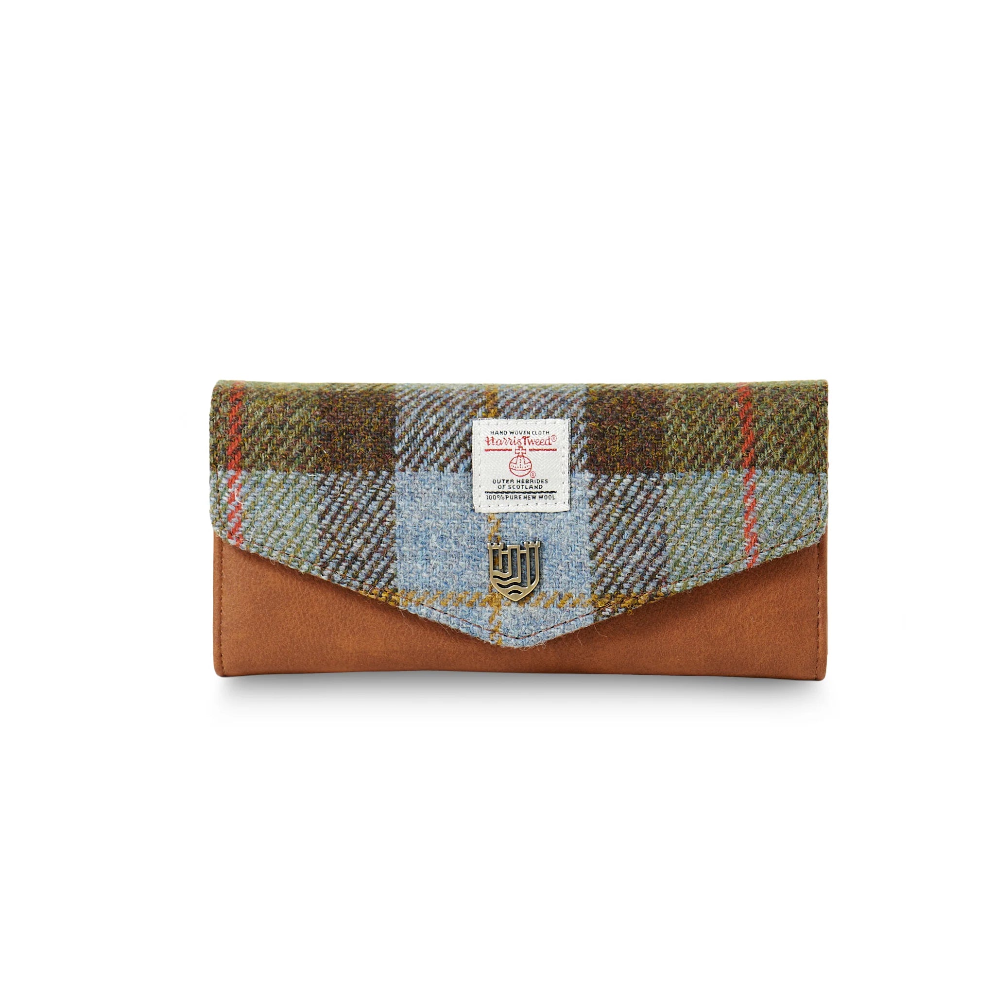Islander Large Clasp Purse with Harris Tweed - Chestnut-Blue Tartan