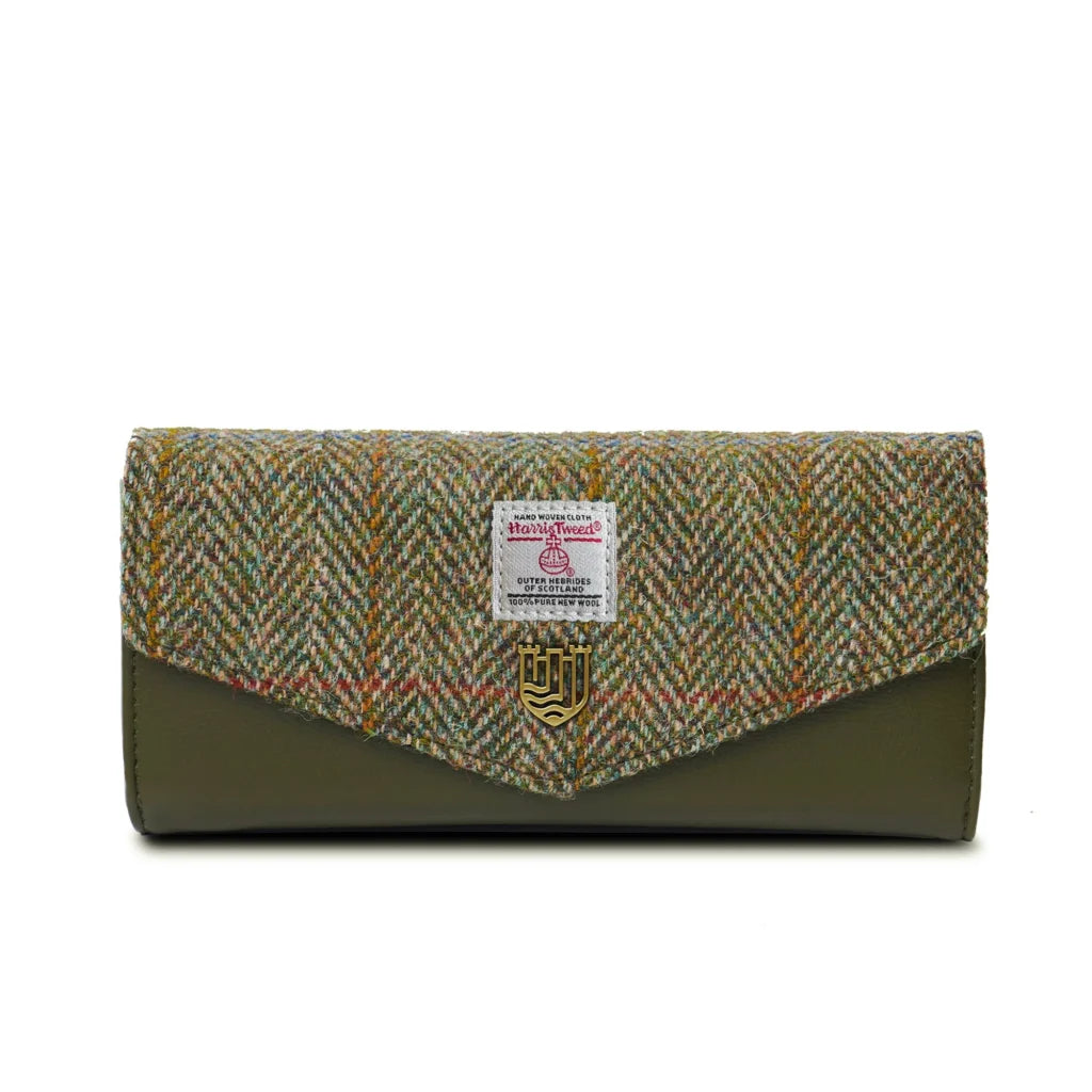 Islander Large Clasp Purse with Harris Tweed Brown & Green Chestnut Herringbone | Harris Tweed Scotland
