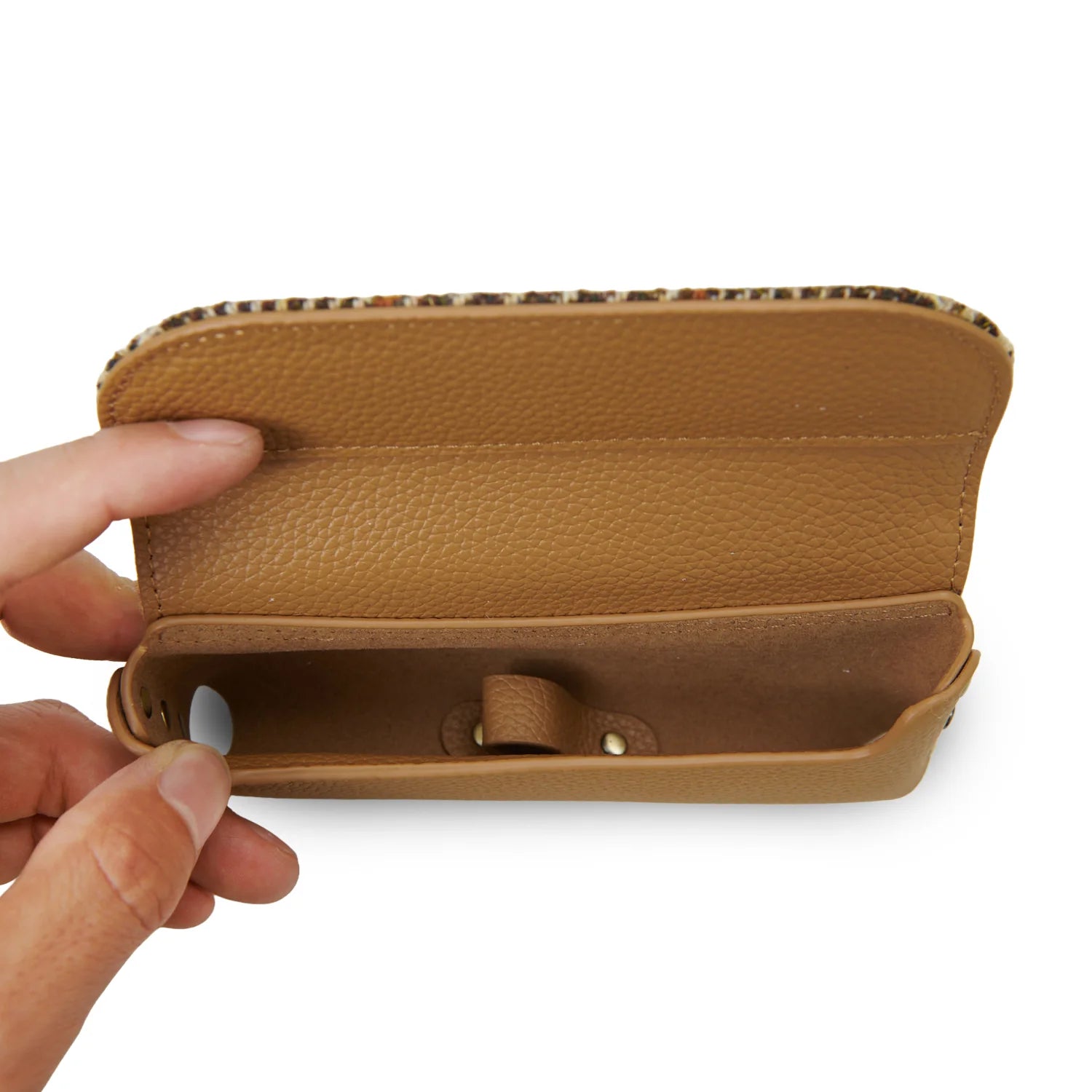 Islander Leather Glasses Case with Beige Dogtooth Harris Tweed