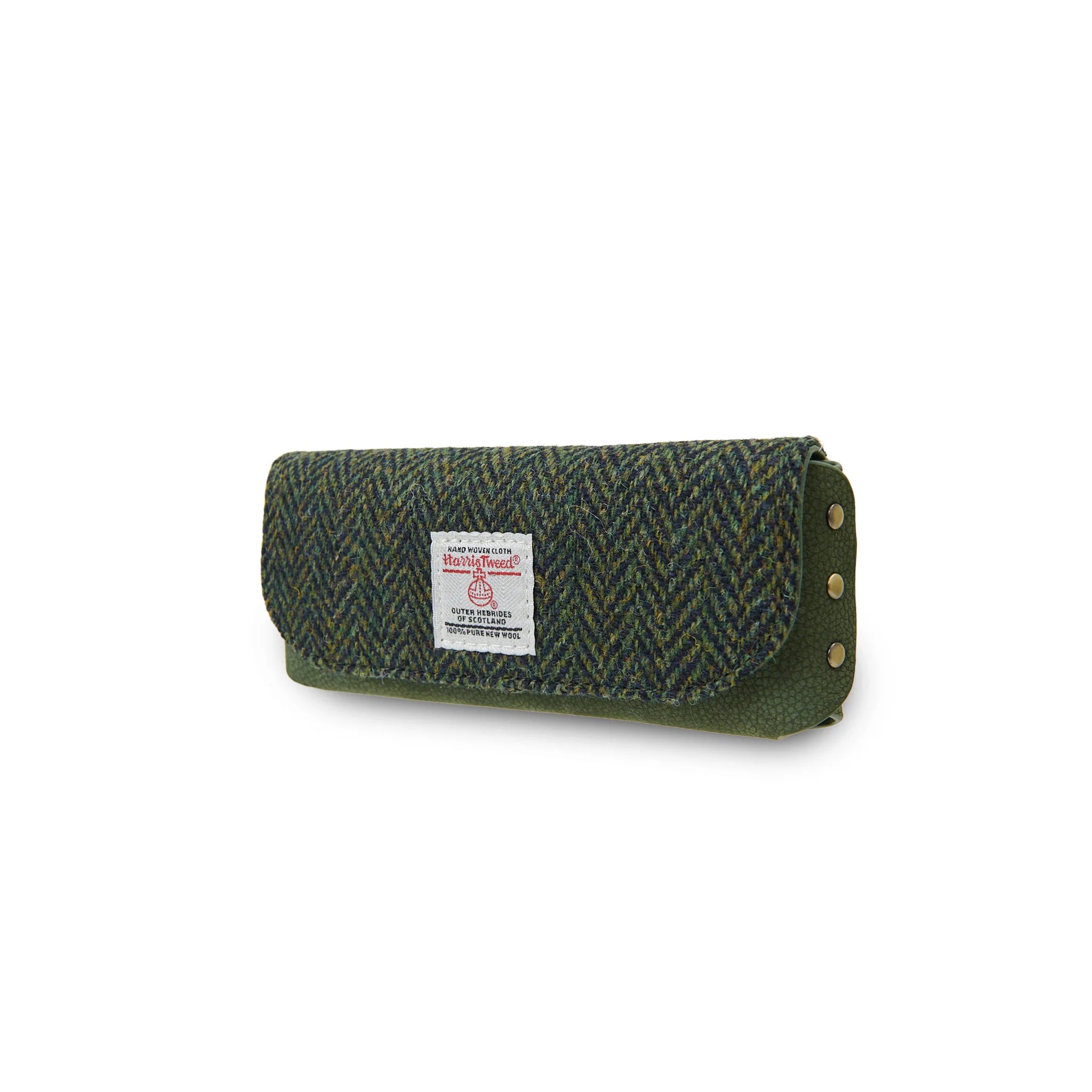 Islander Leather Glasses Case with Dark Green Herringbone Harris Tweed – Image 2 | Harris Tweed Scotland