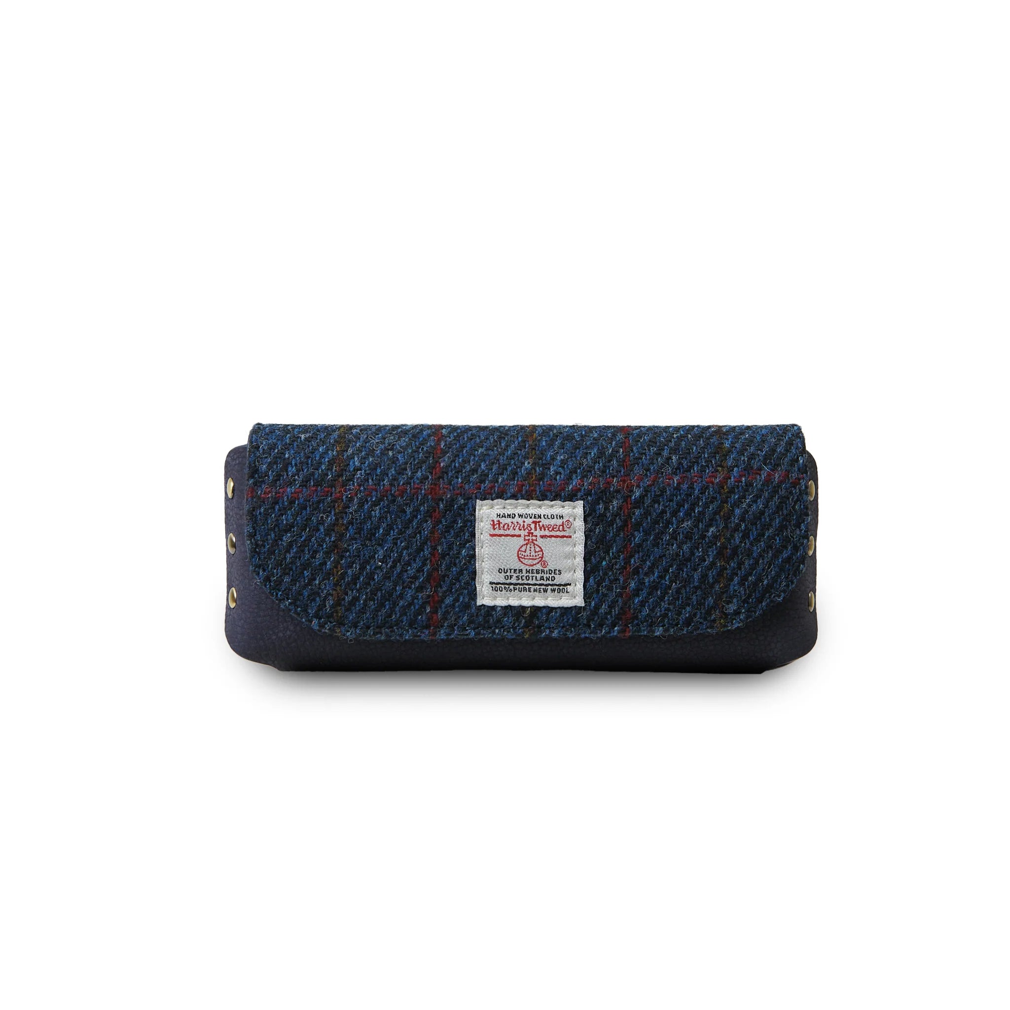 Islander Leather Glasses Case with Navy Blue Over-Check Tartan Harris Tweed