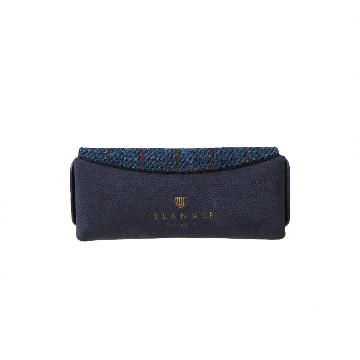 Islander Leather Glasses Case with Navy Blue Over-Check Tartan Harris Tweed