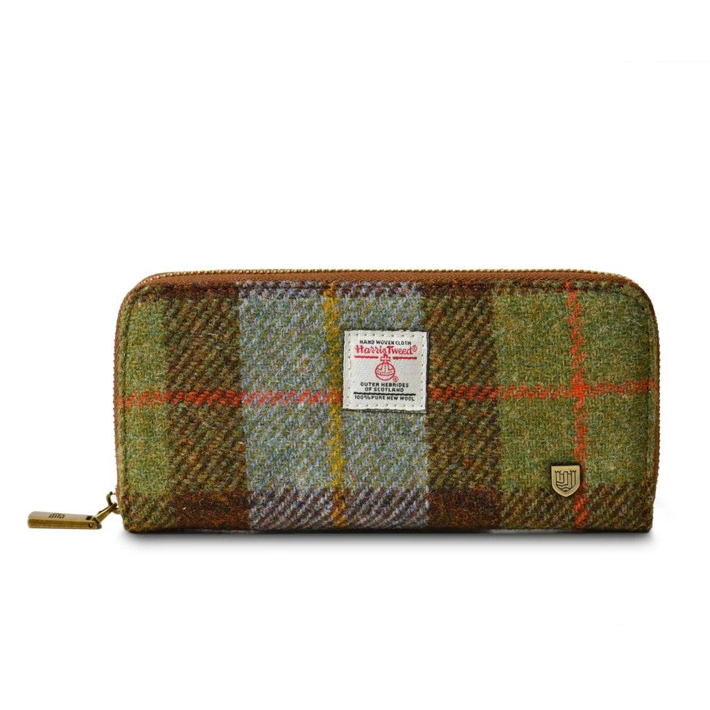 Islander Long Zip Purse with Harris Tweed - Chestnut-Blue Tartan