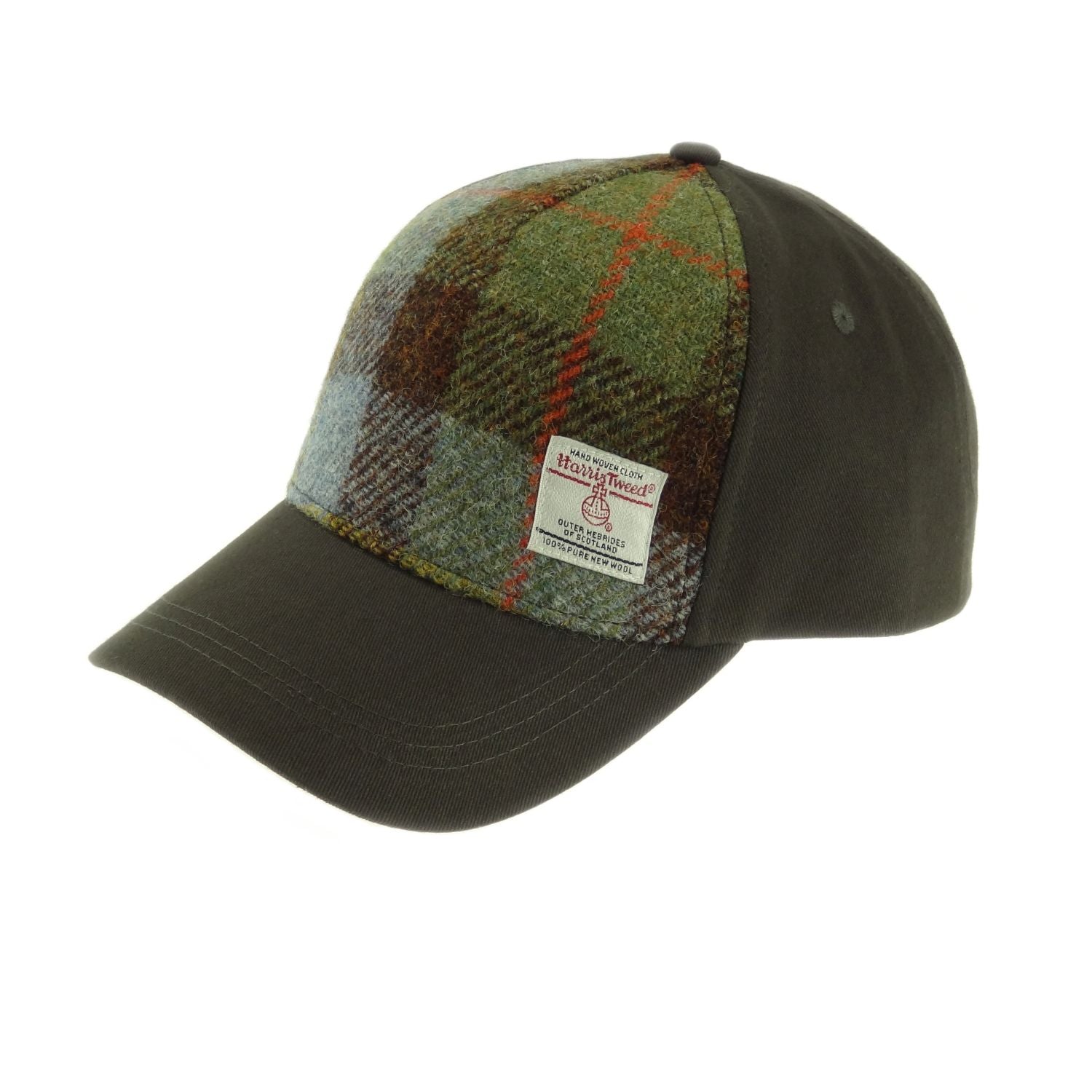 Baseball Cap with Harris Tweed Brown, Blue and Green Macleod Tartan 100% Wool Front Panel - COL15 | Harris Tweed Scotland