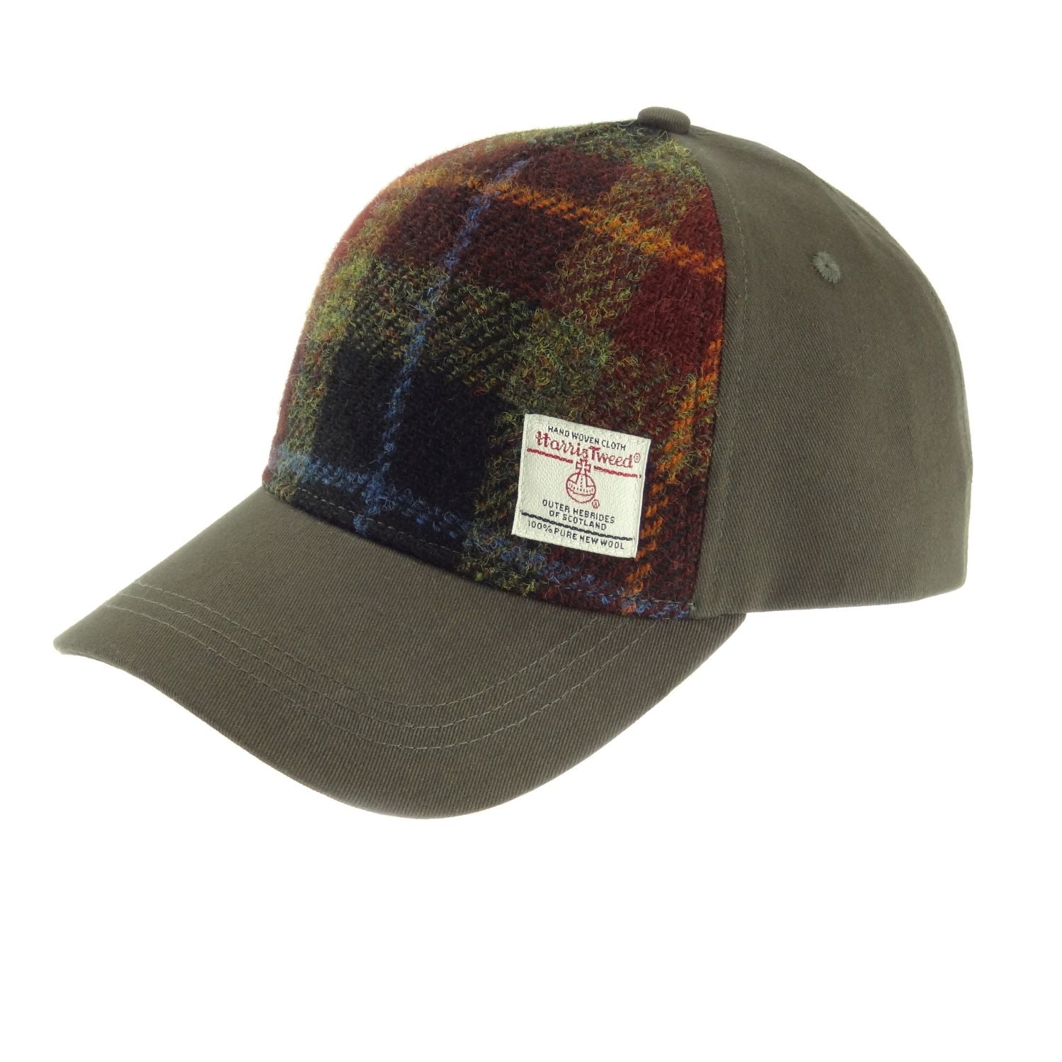 Baseball Cap with Harris Tweed Burgundy, Green & Navy Blue 100% Wool Front Panel - COL59 | Harris Tweed Scotland