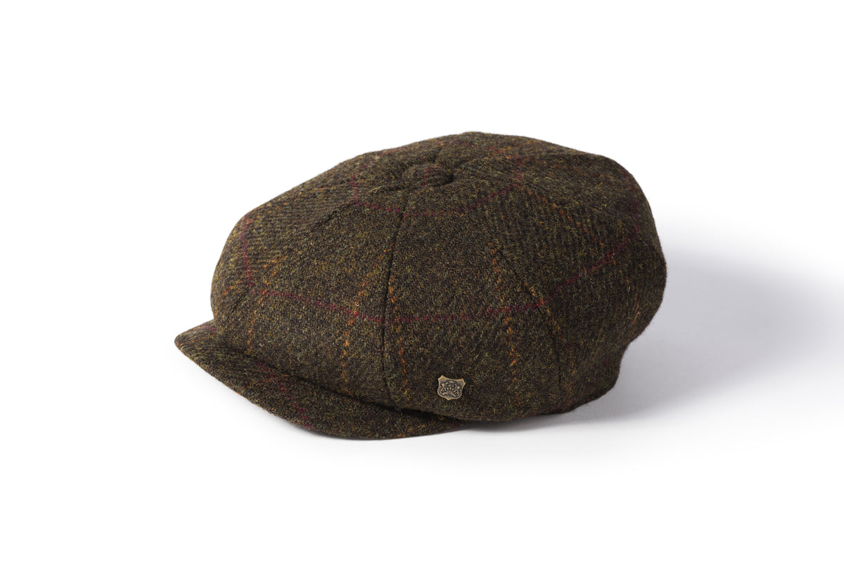 Failsworth Carloway Harris Tweed Scotland Traditional Bakerboy Classic 8 Piece Cap (Brown Green)
