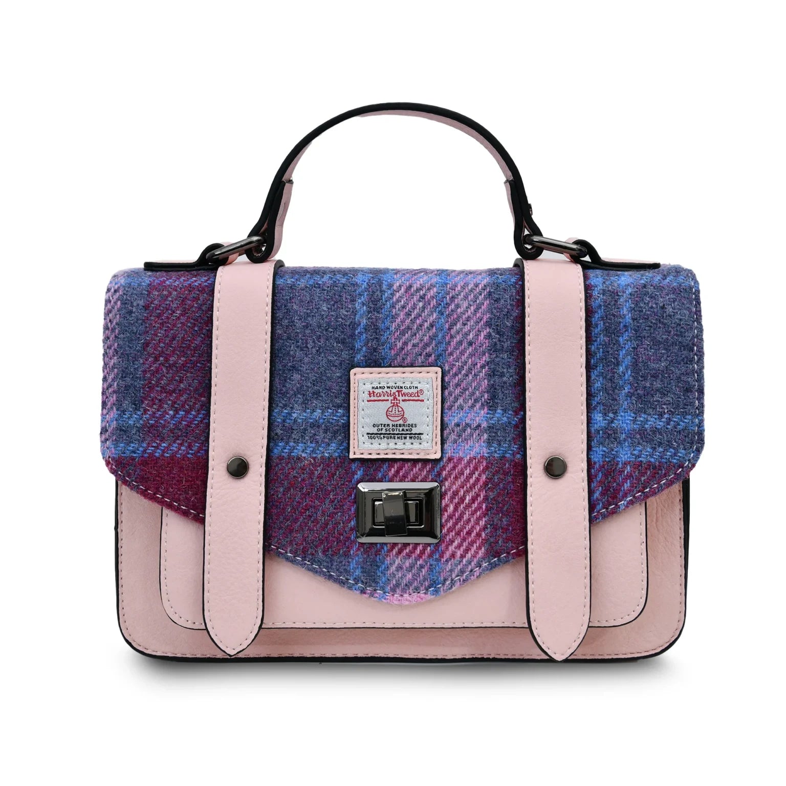 Islander Medium Satchel Bag with Harris Tweed Pink & Blue Tartan Fabric | Harris Tweed Scotland