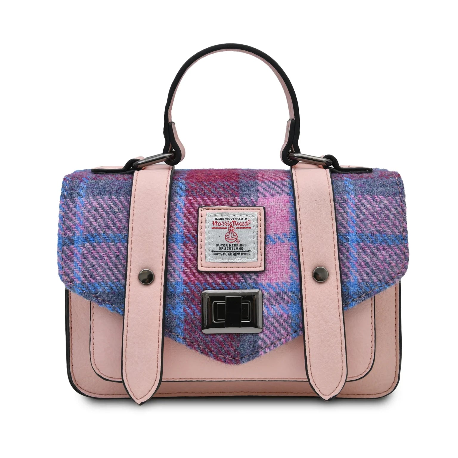Islander Mini Satchel Bag with Harris Tweed Pink Purple & Blue Tartan | Harris Tweed Scotland