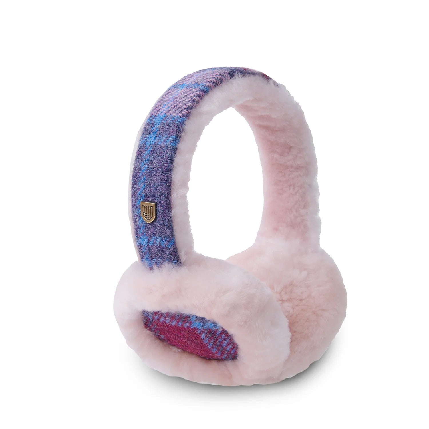 Islander Sheepskin Earmuffs With Harris Tweed Pink & Blue Tartan | Harris Tweed Scotland