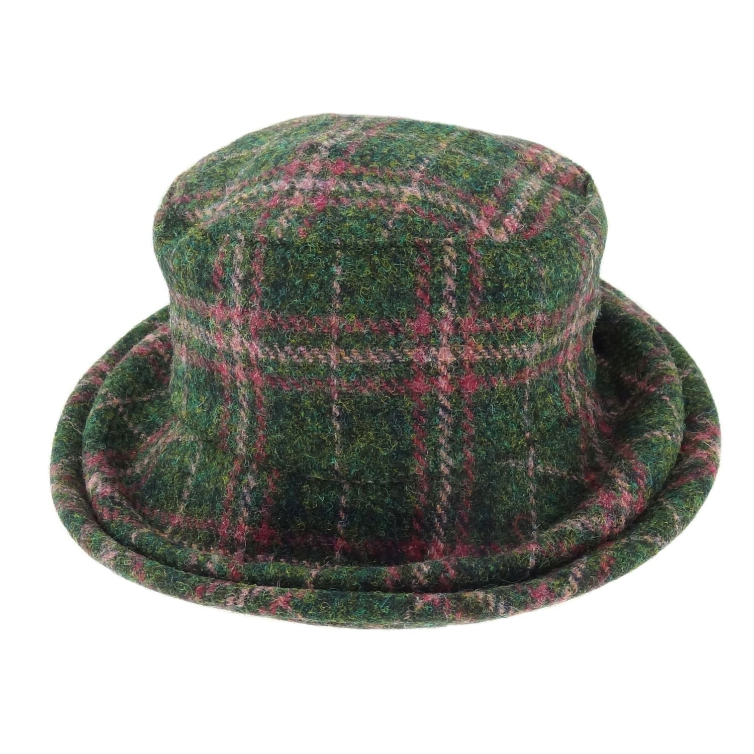 Ladies Harris Scotland Cloche Hat Dark Green & Plum Check | Harris Tweed Scotland