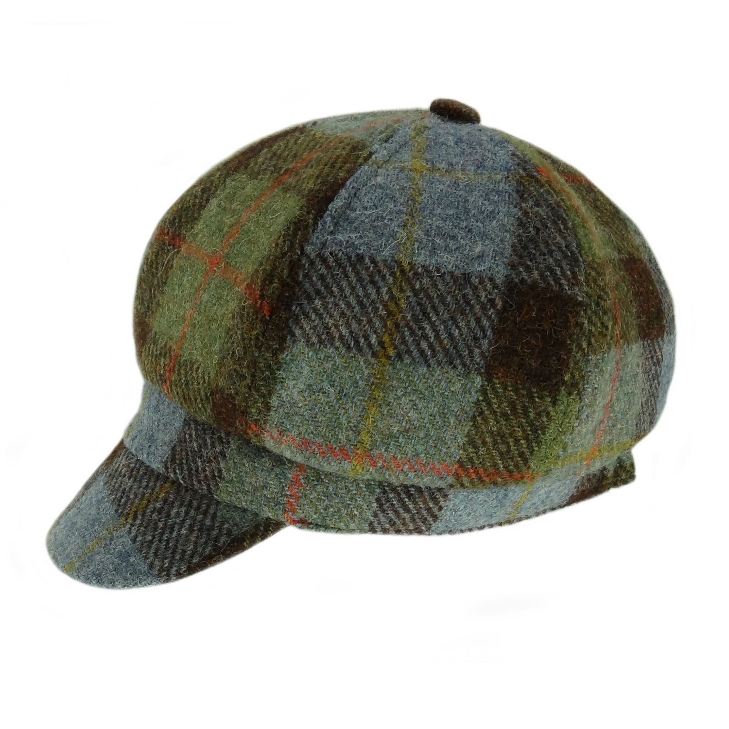 Ladies Harris Tweed Bakerboy Cap Green, Brown & Blue Check Fabric - COL15 | Harris Tweed Scotland