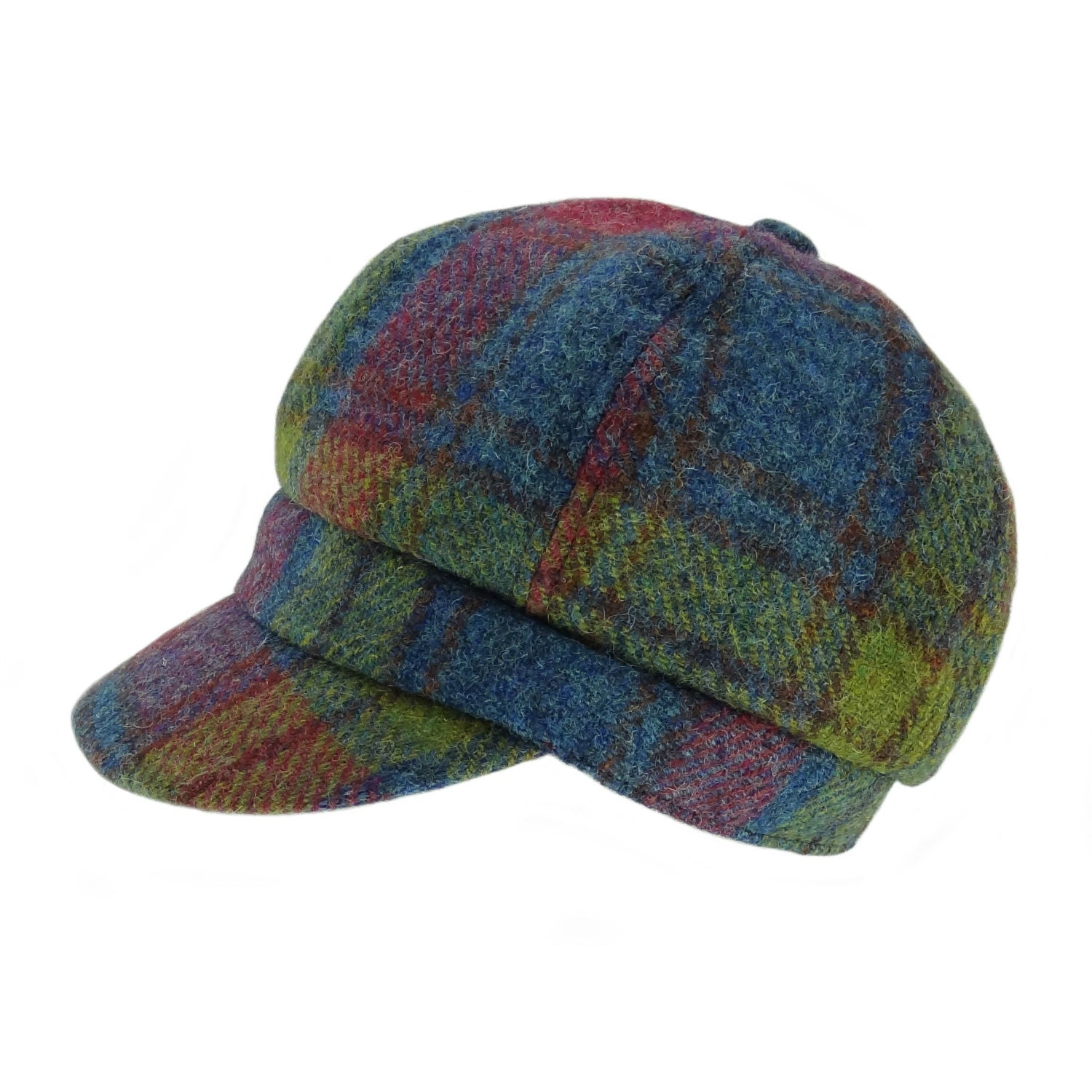 Ladies Harris Tweed Baker Boy Cap Blue, Purple & Lime Green Check Fabric - COL46 | Harris Tweed Scotland