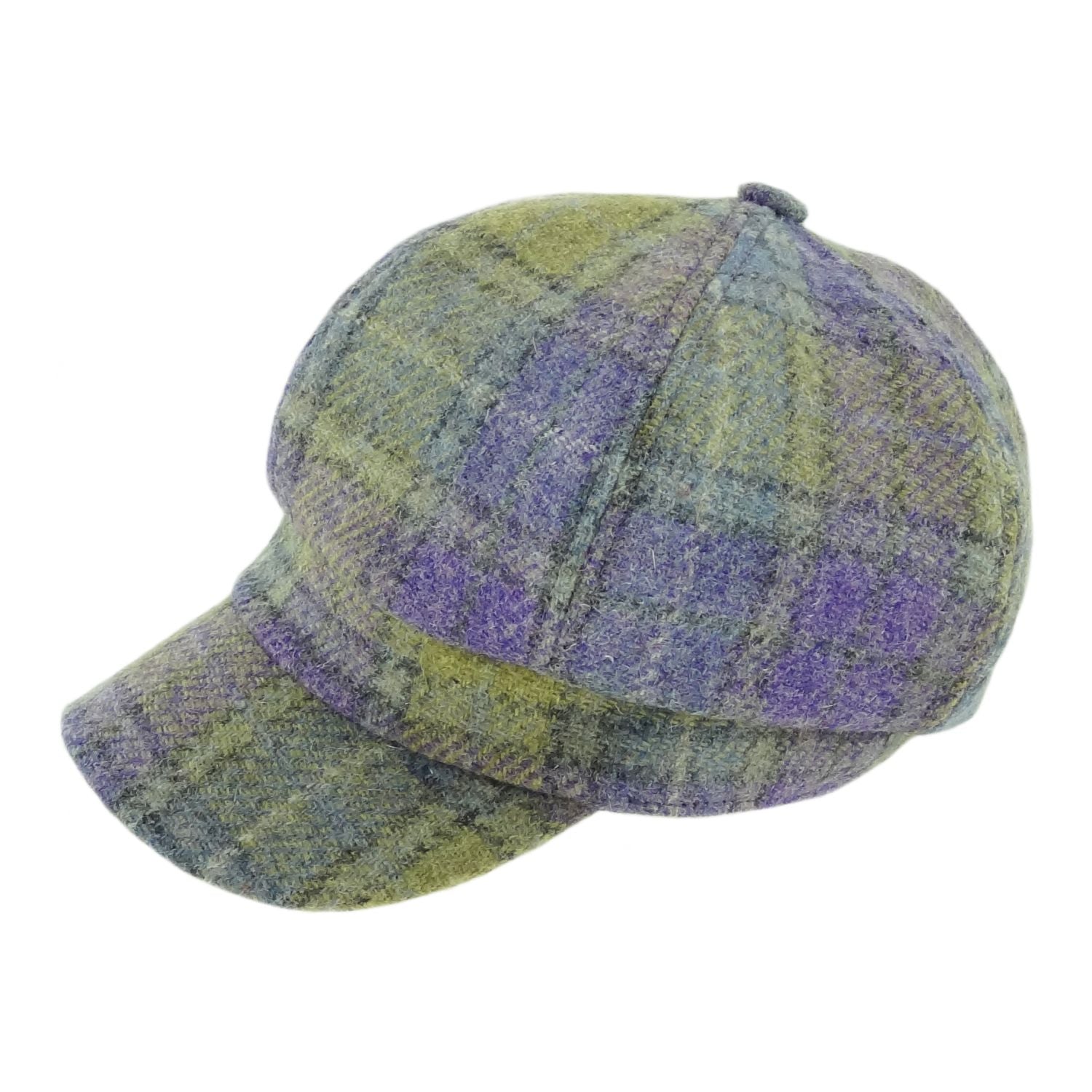 Ladies Harris Tweed Baker Boy Cap Purple & Lime Green Check Fabric - COL112 | Harris Tweed Scotland