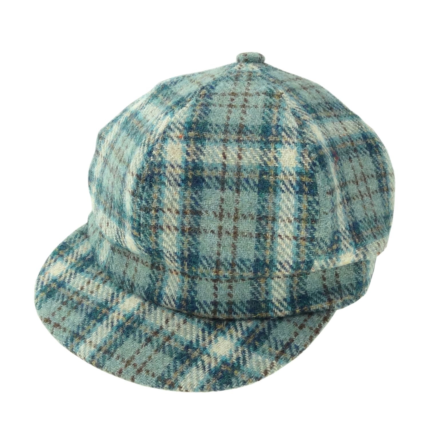 Ladies Harris Tweed Baker Boy Cap Blue & Mint Green Check Fabric - COL121 | Harris Tweed Scotland