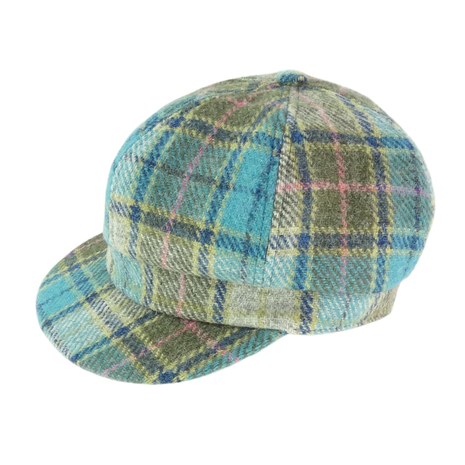 Ladies Harris Tweed Baker Boy Cap Blue, Beige & Green Check Fabric - COL122 | Harris Tweed Scotland
