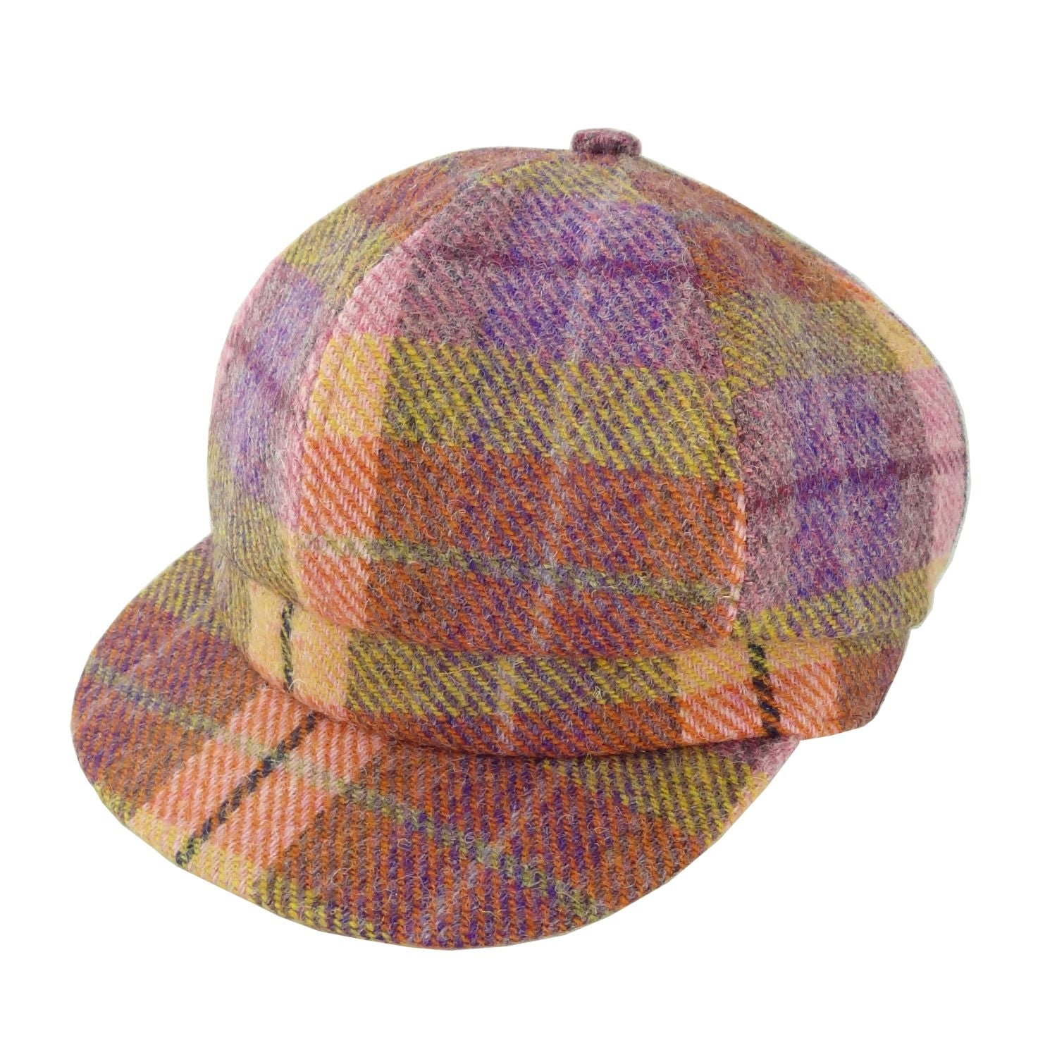 Ladies Harris Tweed Baker Boy Cap Purple, Green & Orange Check Fabric - COL124 | Harris Tweed Scotland
