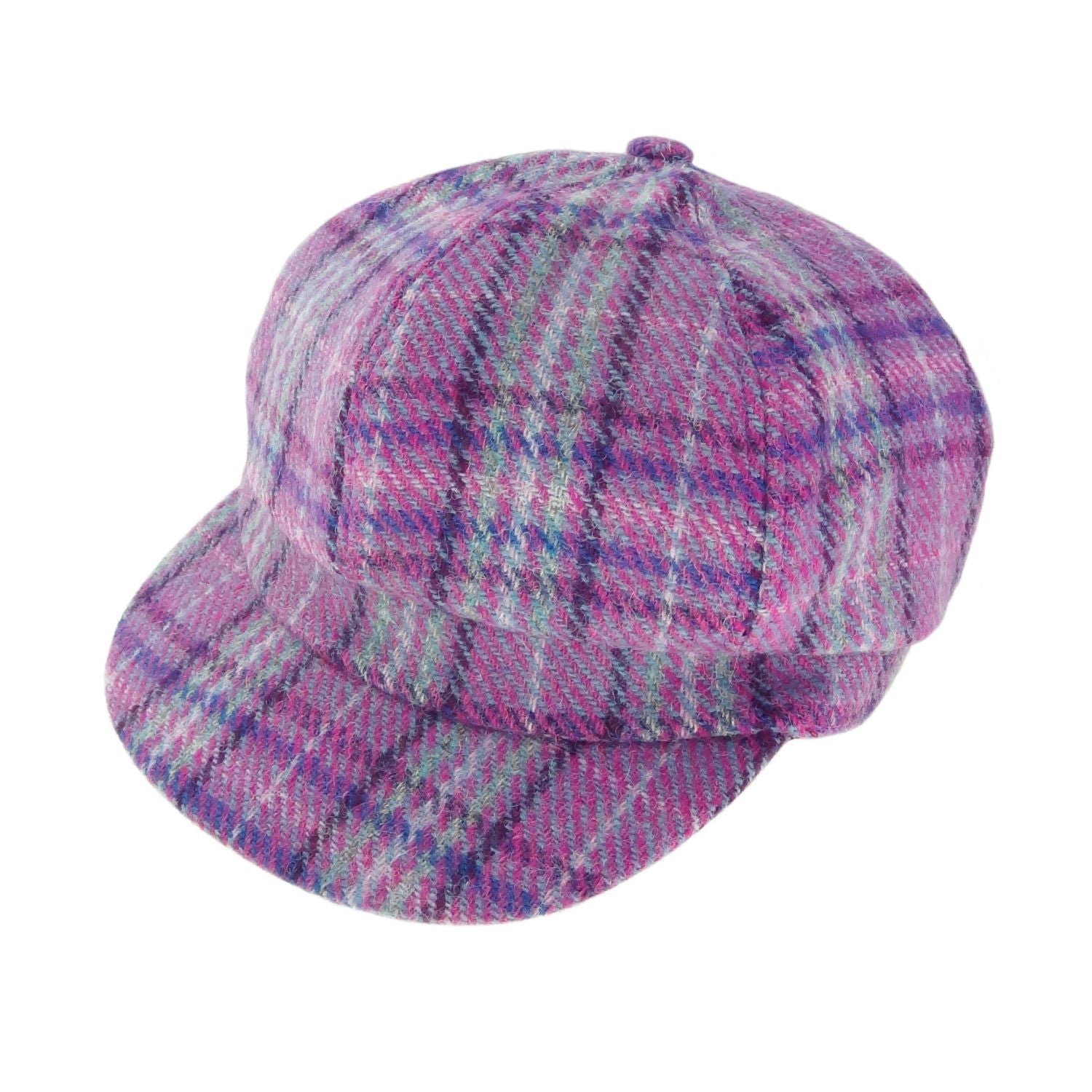 Ladies Harris Tweed Baker Boy Cap Purple & Pink Check Fabric - COL146 | Harris Tweed Scotland