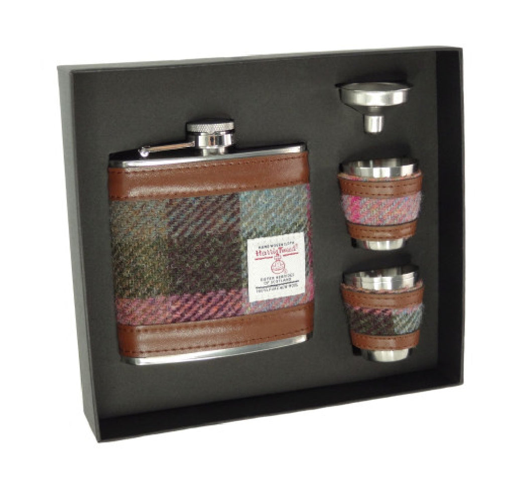 Harris Tweed Hip Flask Gift Set 6oz Two Cups Brown Green - COL137 | Harris Tweed Scotland
