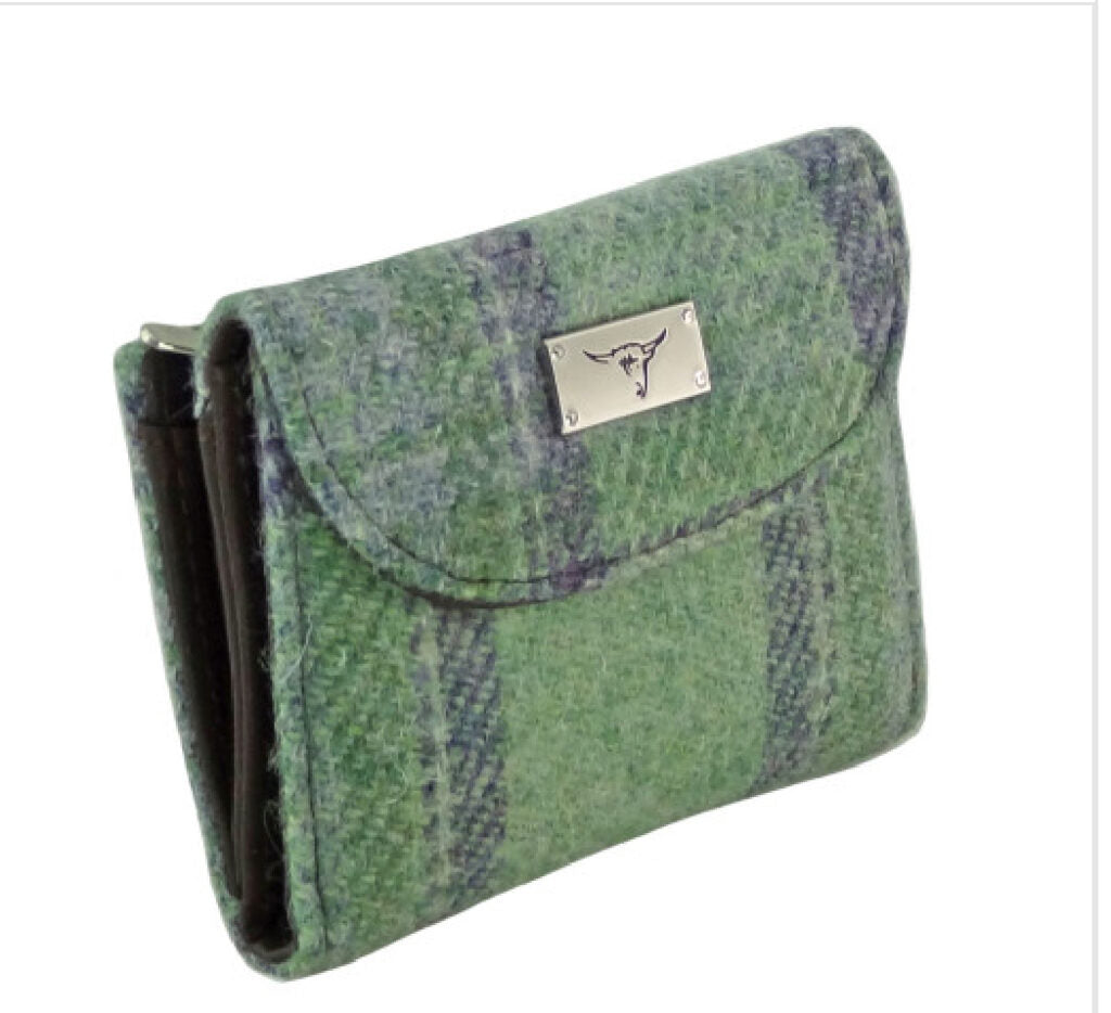 Jura Short Purse with Harris Tweed Mint Green & Blue Check Fabric - COL139 | Harris Tweed Scotland