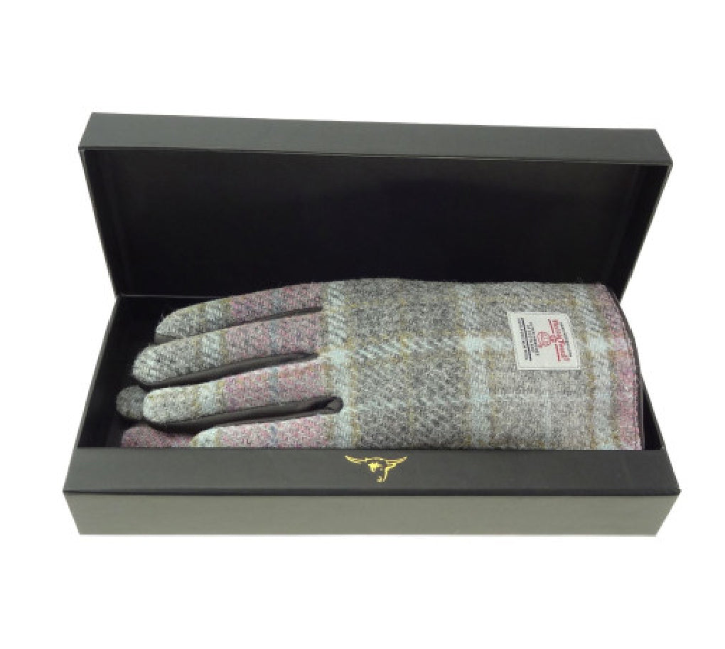 Ladies Harris Tweed Brown Leather Gloves Purple & Mint Green Fabric - Gift Boxed - COL134 | Harris Tweed Scotland