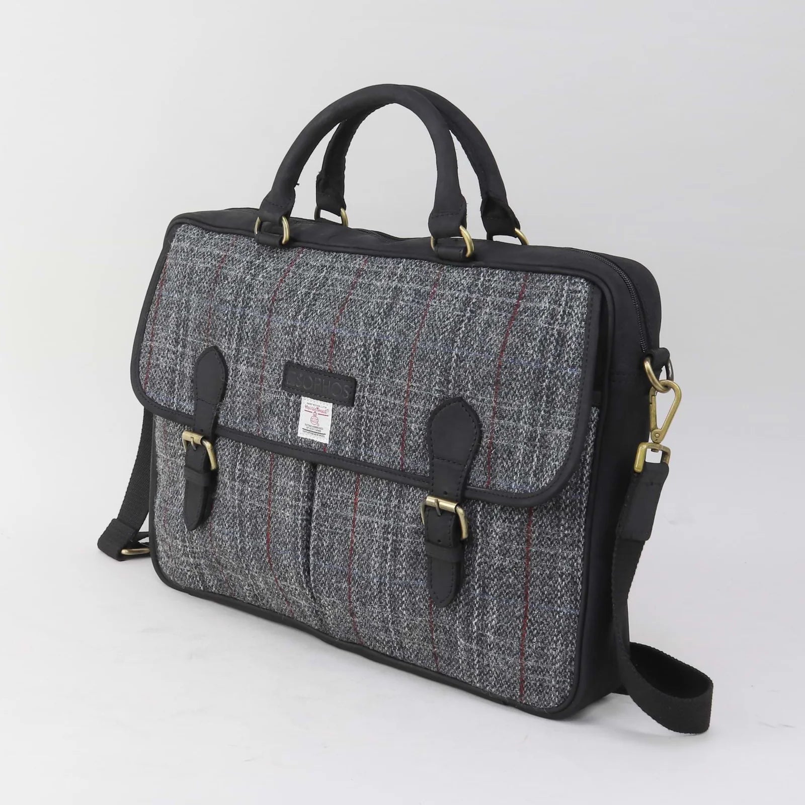 Sophos Black Leather Briefcase with Harris Tweed Grey & Black Check Fabric – Image 2 | Harris Tweed Scotland