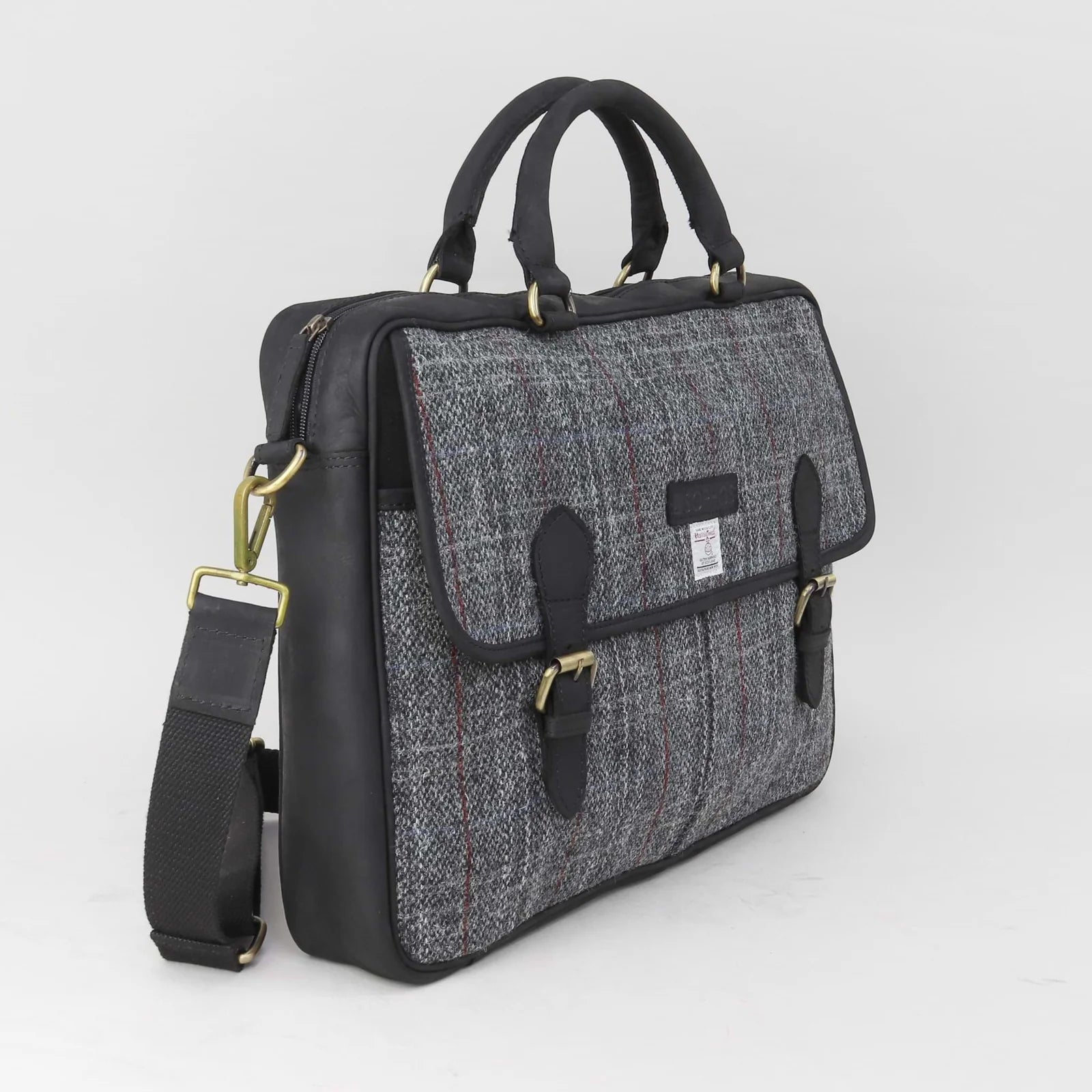 Sophos Grey Leather Harris Tweed Briefcase Laptop Bag