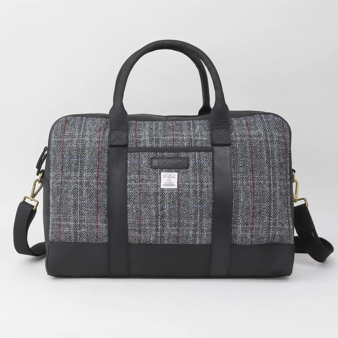 Sophos Black Leather and Grey Harris Tweed Travel / Weekend Holdall