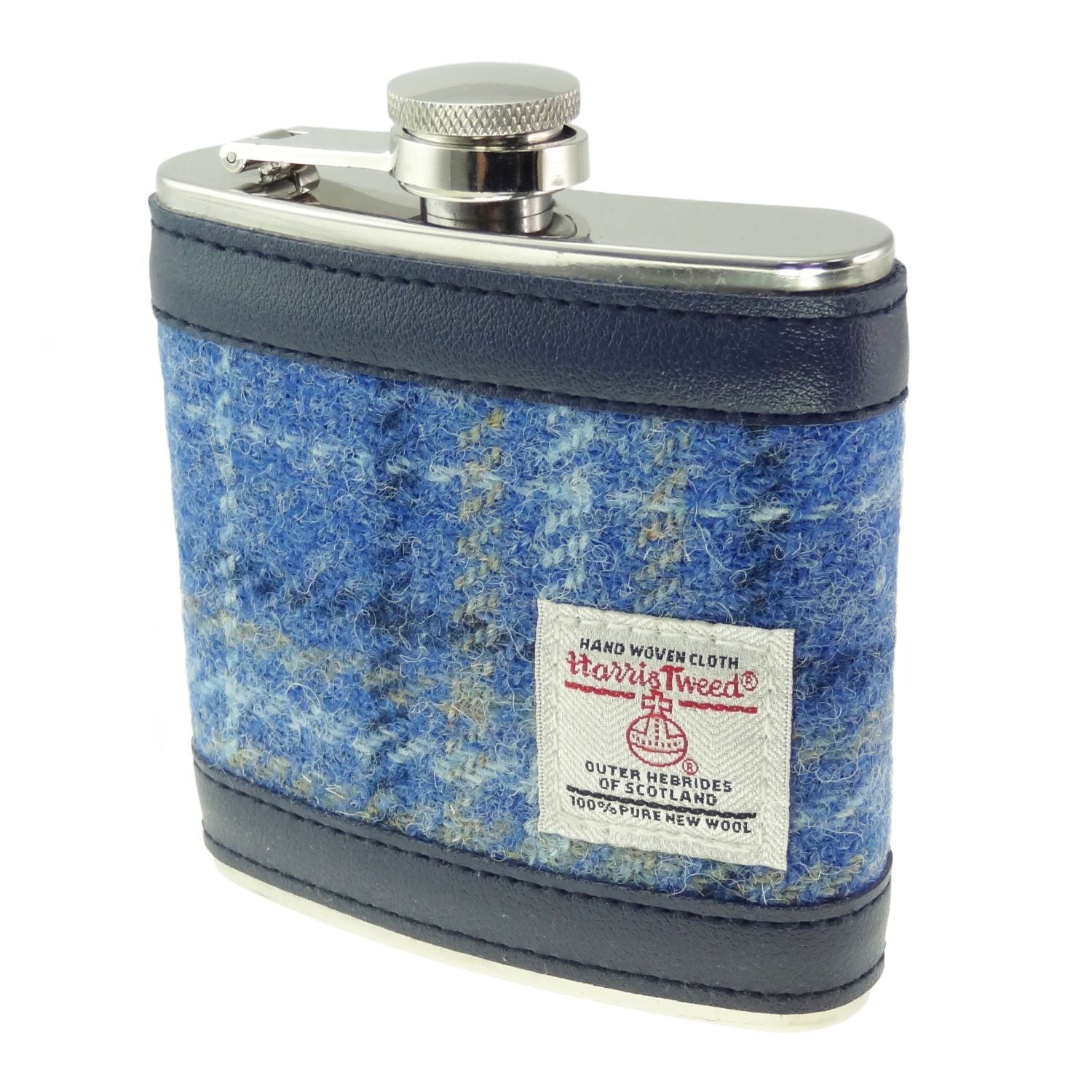 Hip Flask 6oz with Harris Tweed Navy Blue Check Fabric - COL129 | Harris Tweed Scotland