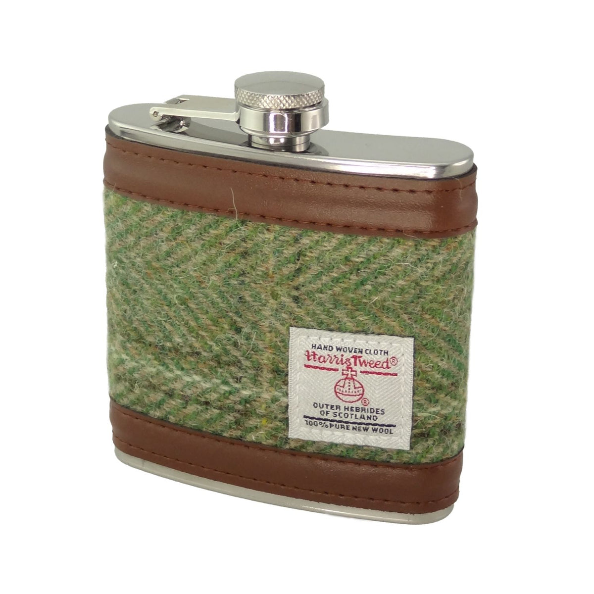 Glen Appin Harris Tweed Hip Flask 6oz (Green Herringbone with Overcheck)