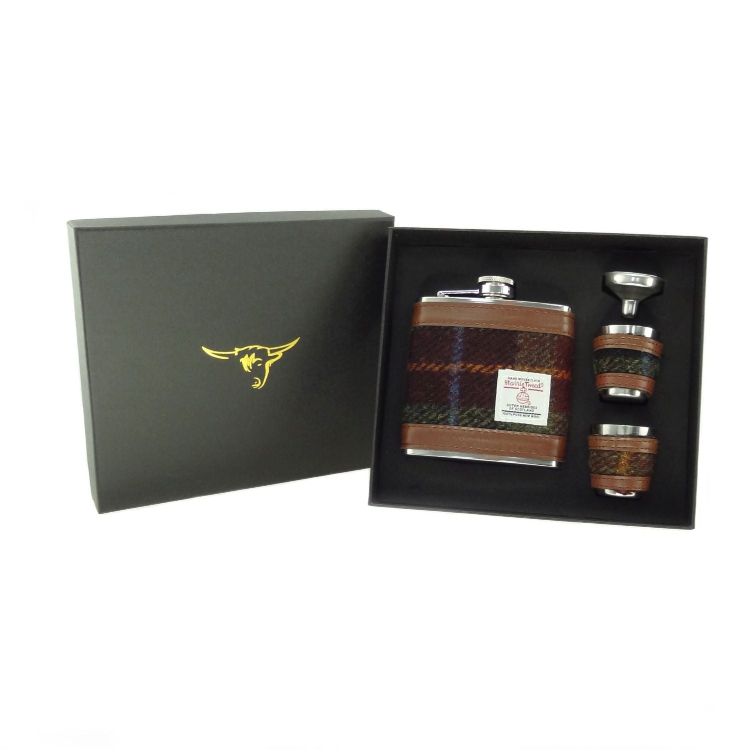 Harris Tweed Hip Flask Gift Set 6oz Two Cups Brown, Burgundy & Green - COL59 | Harris Tweed Scotland