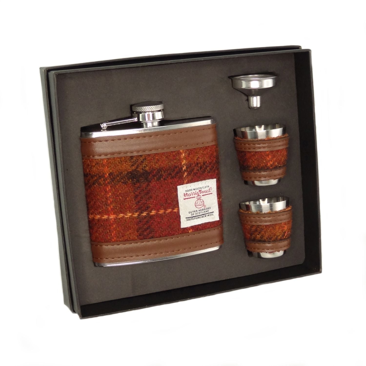 Harris Tweed Hip Flask Gift Set (Brown with Orange Overcheck)