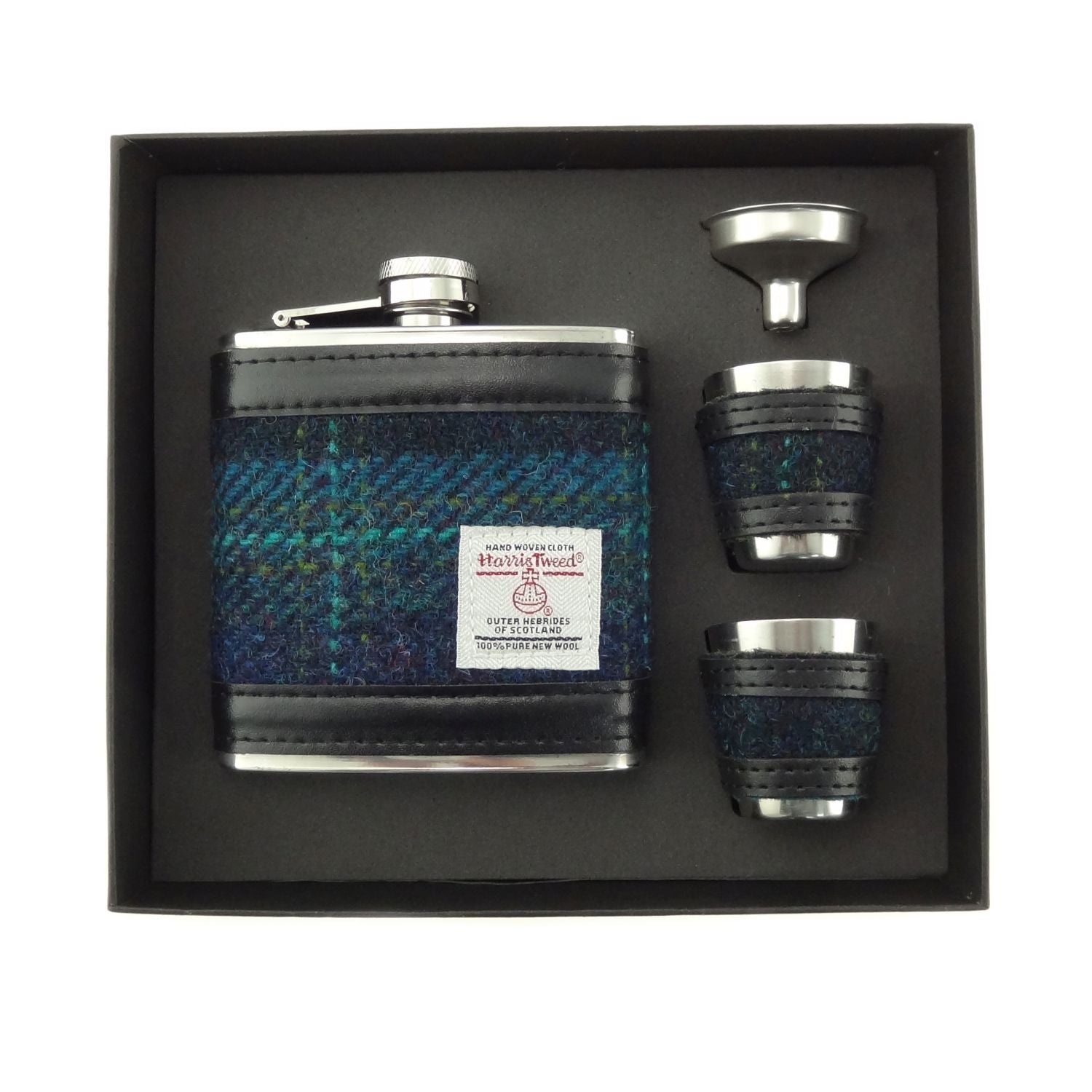 Harris Tweed Hip Flask Gift Set 6oz & Two Cups Blue Navy Check - COL119 | Harris Tweed Scotland