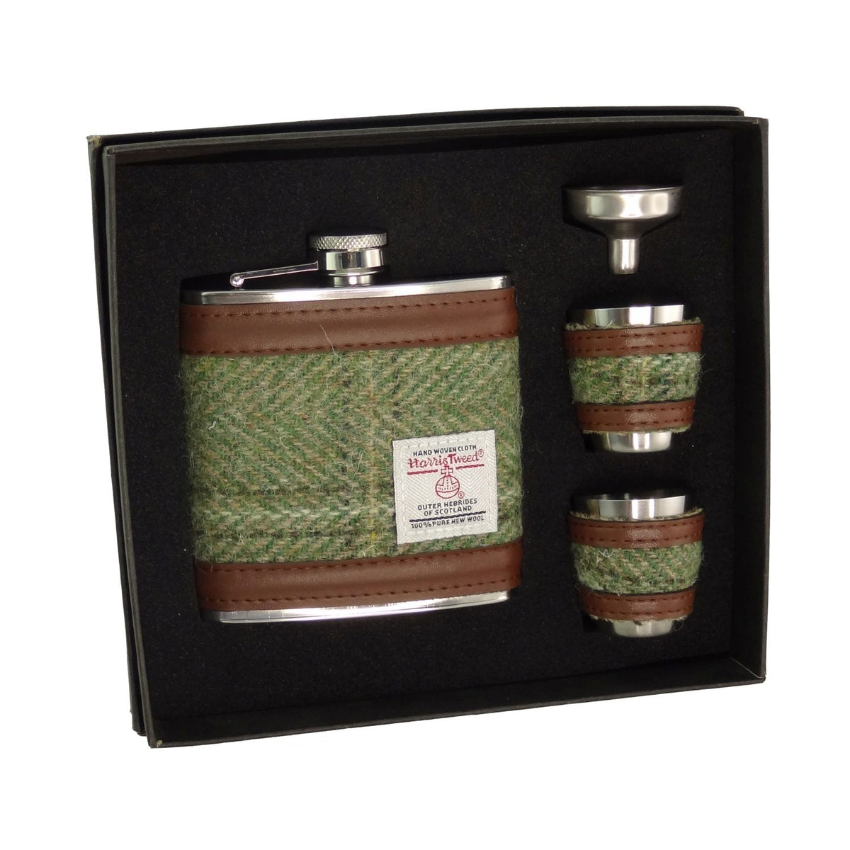 Glen Appin Harris Tweed Hip Flask Gift Set (Green Herringbone with Overcheck)