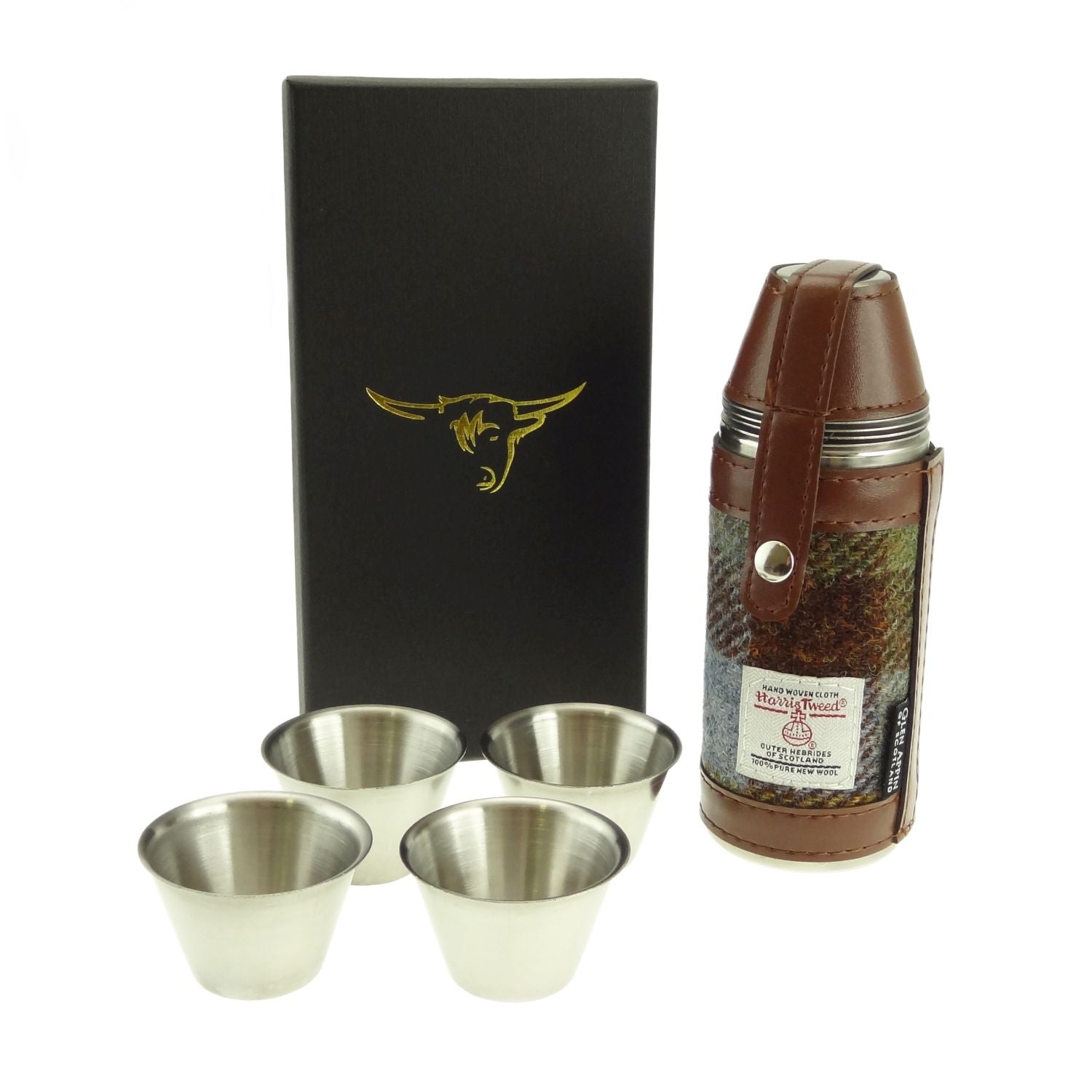 8oz Hunting Flask with 4 Cups & Harris Tweed Brown, Green & Blue Check Fabric - COL15 | Harris Tweed Scotland
