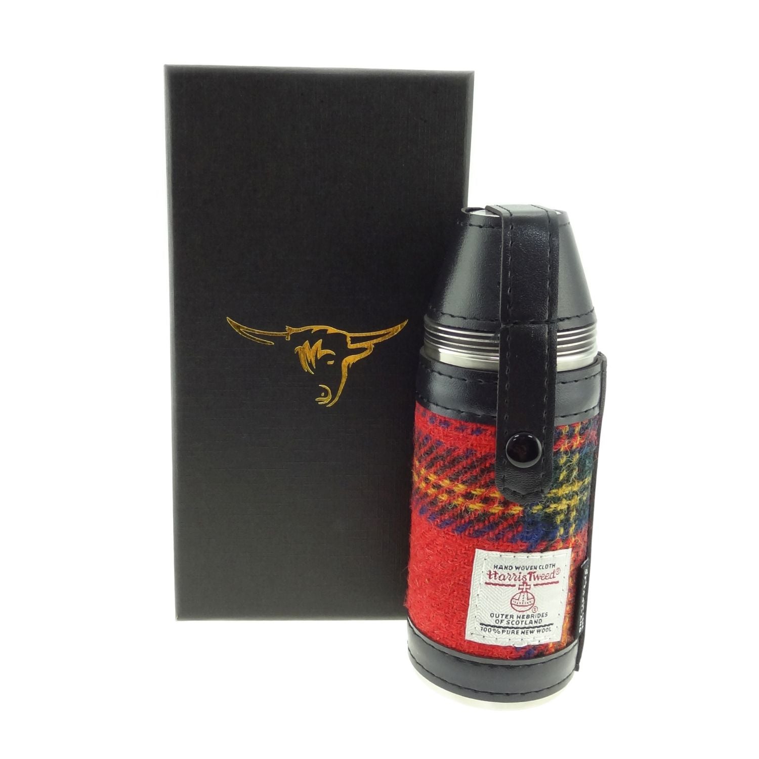 8oz Hunting Flask with 4 Cups & Harris Tweed Red, Yellow & Black Check Fabric - COL24 | Harris Tweed Scotland