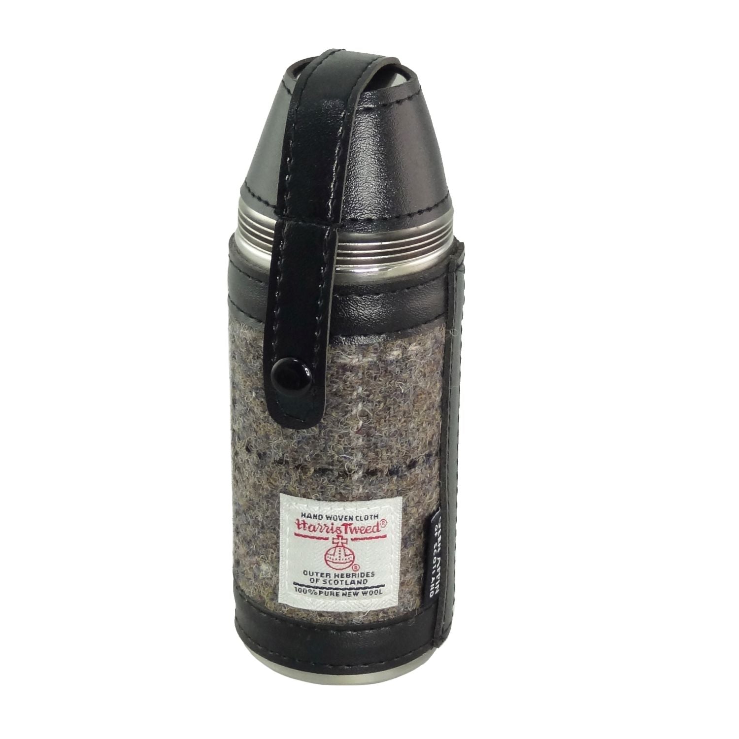 8oz Hunting Flask with 4 Cups & Harris Tweed Mink with Black Overcheck | Harris Tweed Scotland