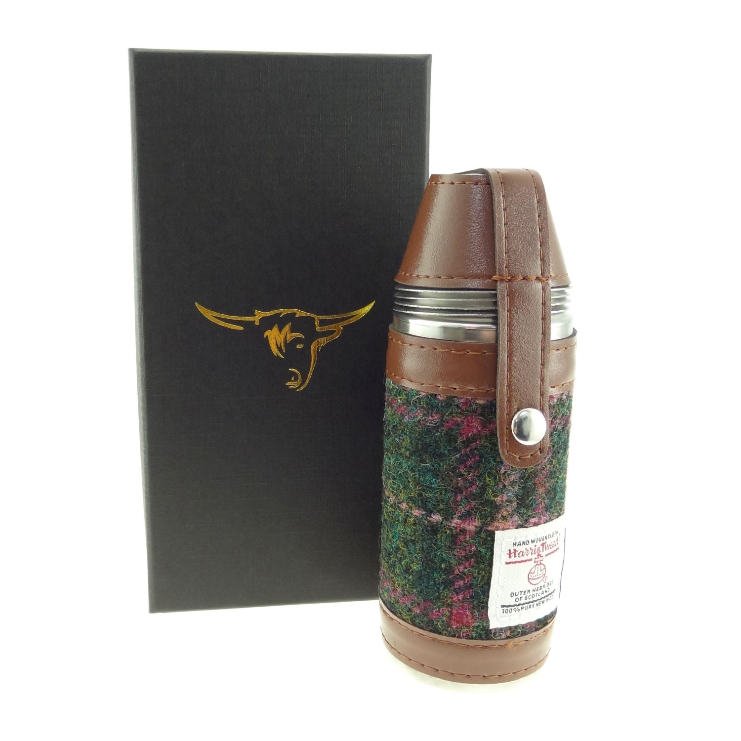 8oz Hunting Flask with 4 Cups & Harris Tweed Green, Brown & Navy Blue Fabric - COL107 | Harris Tweed Scotland